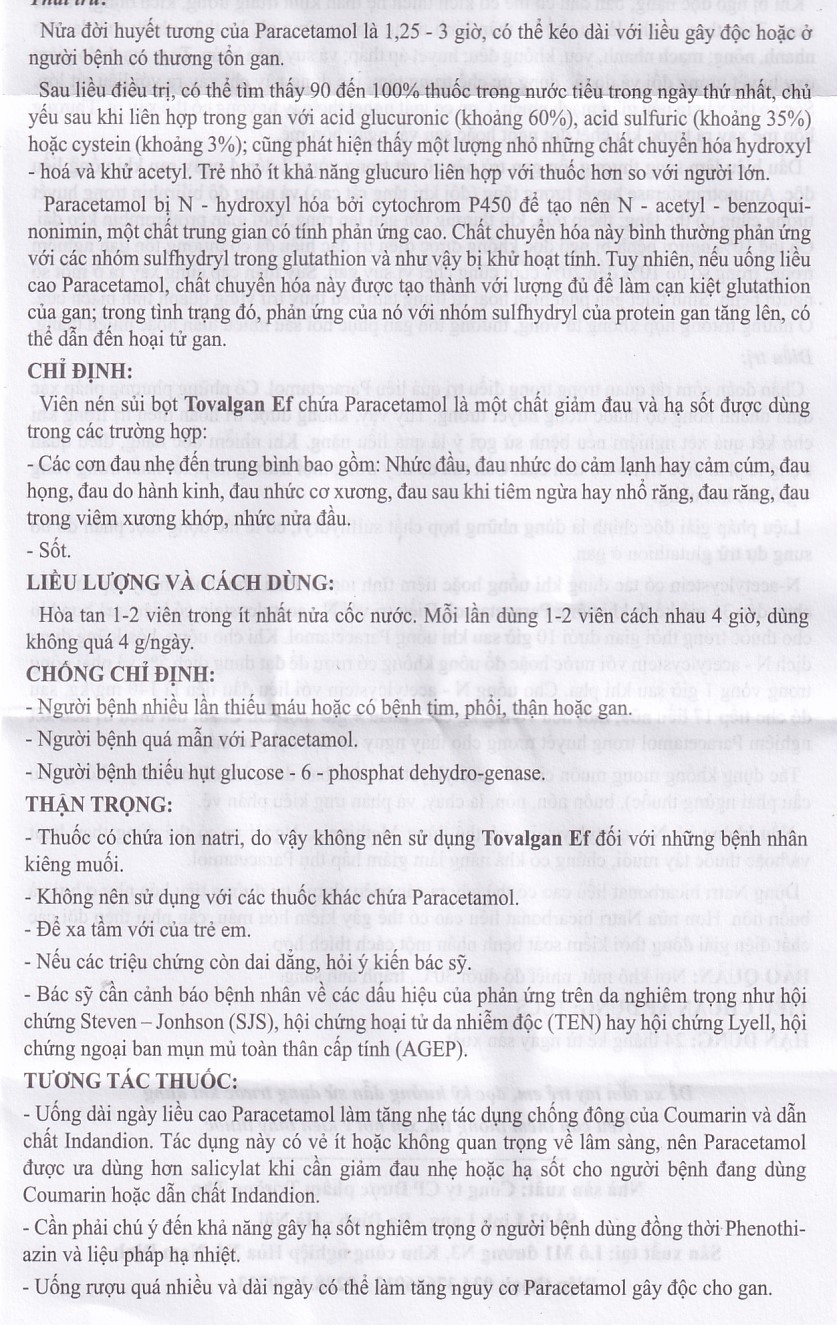 Viên sủi Tovalgan Ef Trường Thọ Pharma giảm đau, hạ sốt (5 vỉ x 4 viên) 