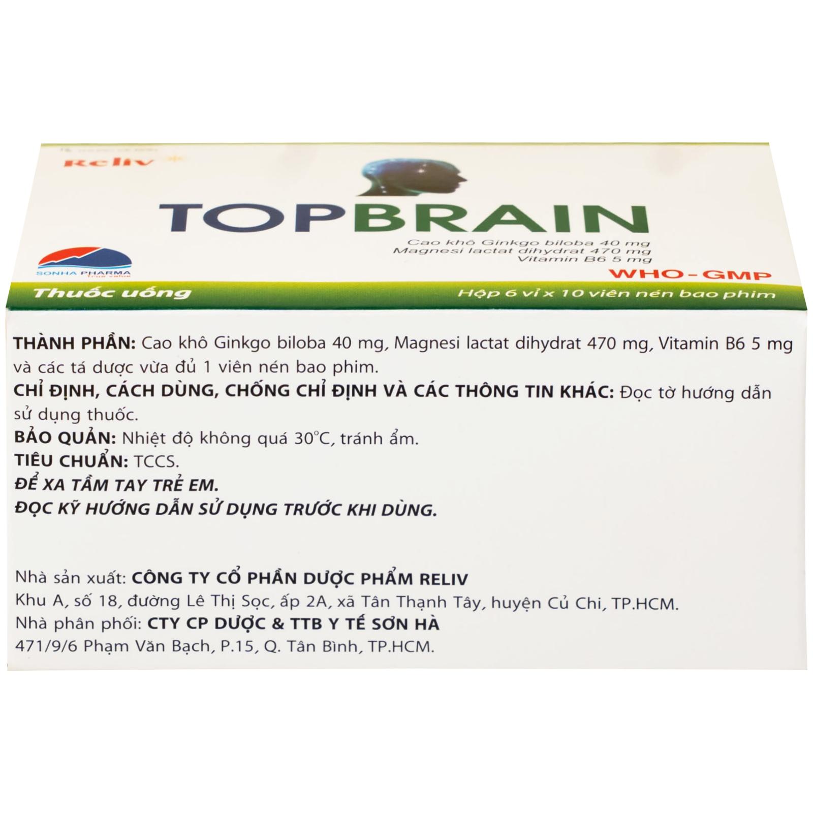 Thuốc Topbrain Reliv điều trị suy nhược thần kinh, giúp tăng tuần hoàn não, tăng cường trí nhớ (6 vỉ x 10 viên)