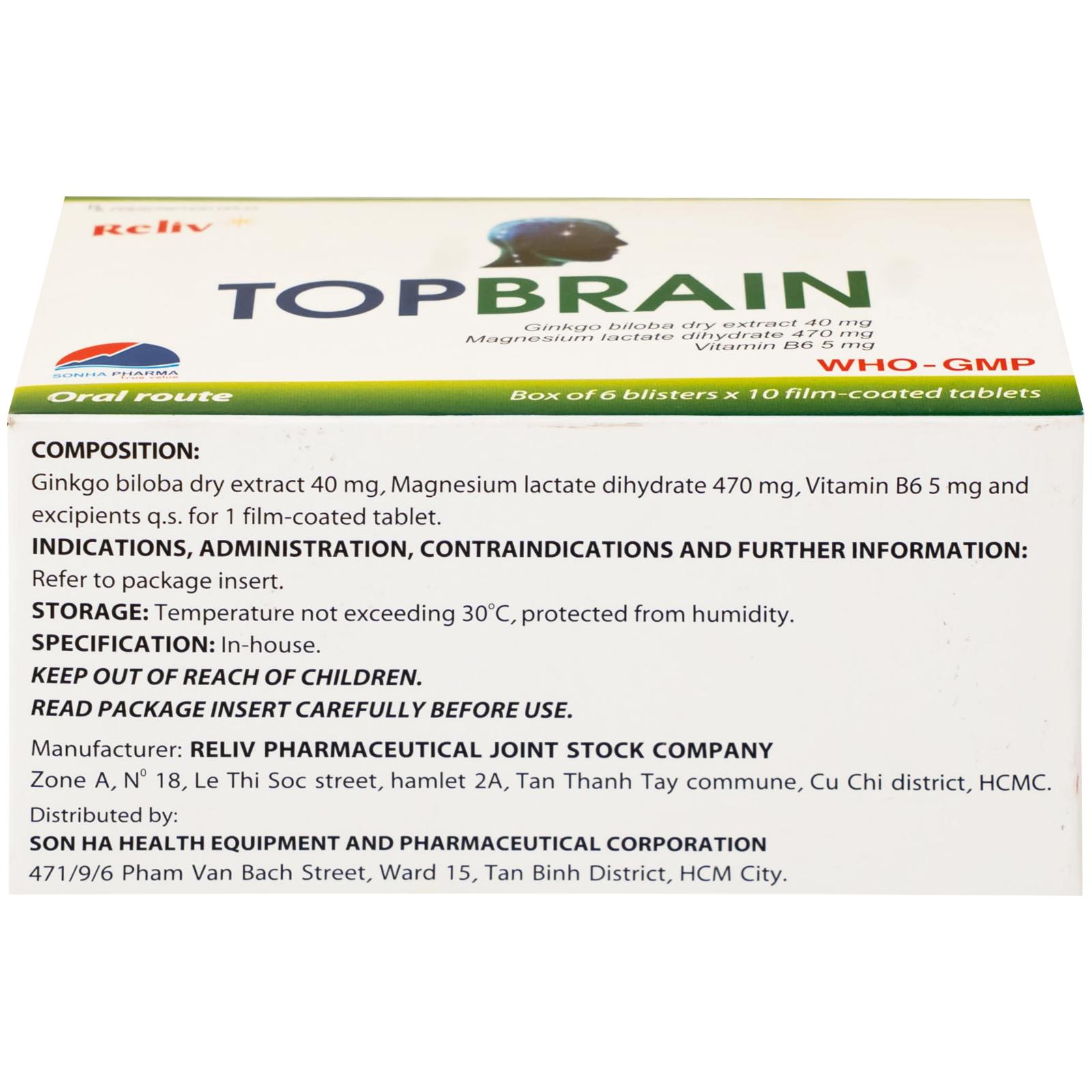 Thuốc Topbrain Reliv điều trị suy nhược thần kinh, giúp tăng tuần hoàn não, tăng cường trí nhớ (6 vỉ x 10 viên)