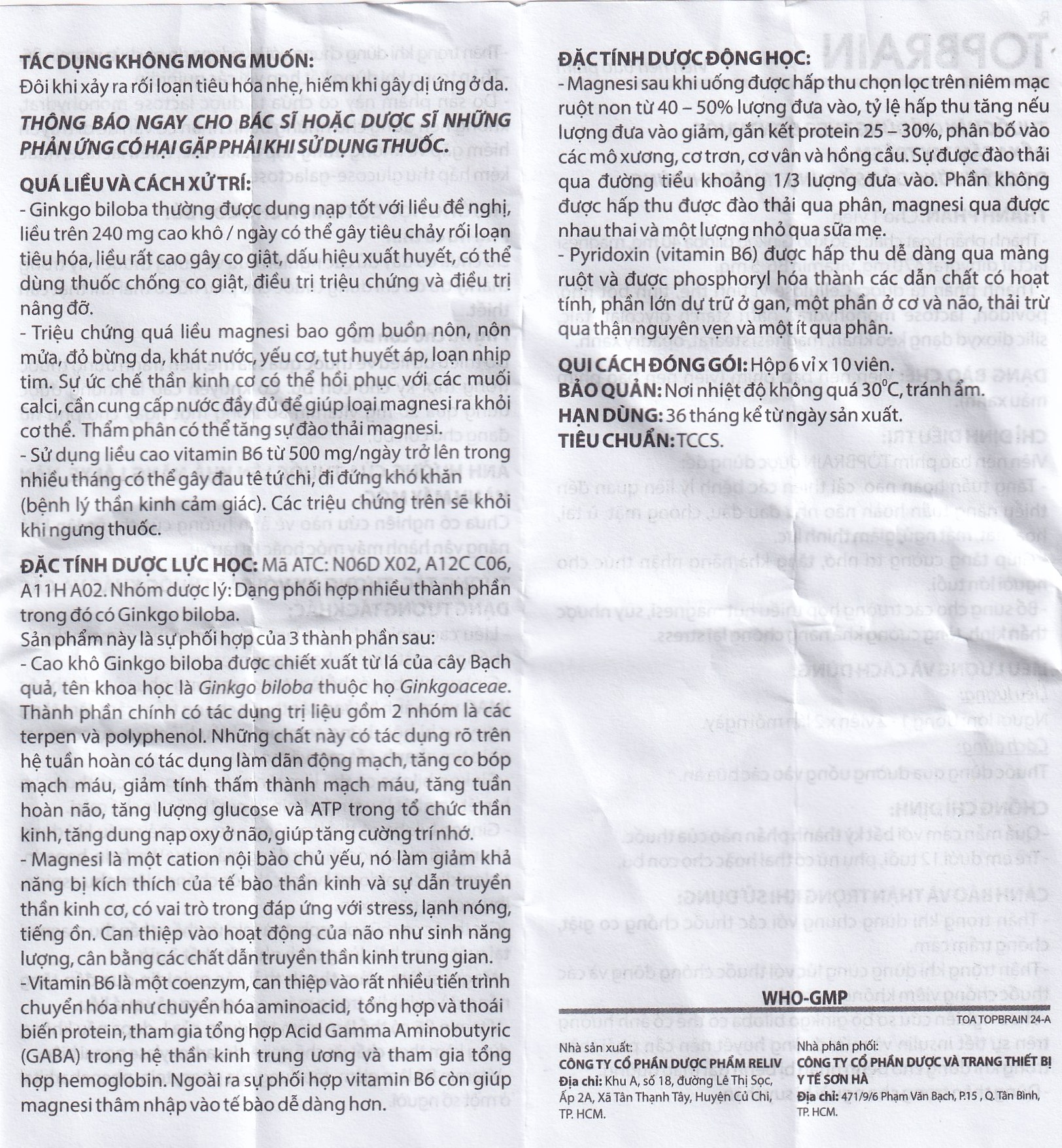 Thuốc Topbrain Reliv điều trị suy nhược thần kinh, giúp tăng tuần hoàn não, tăng cường trí nhớ (6 vỉ x 10 viên)