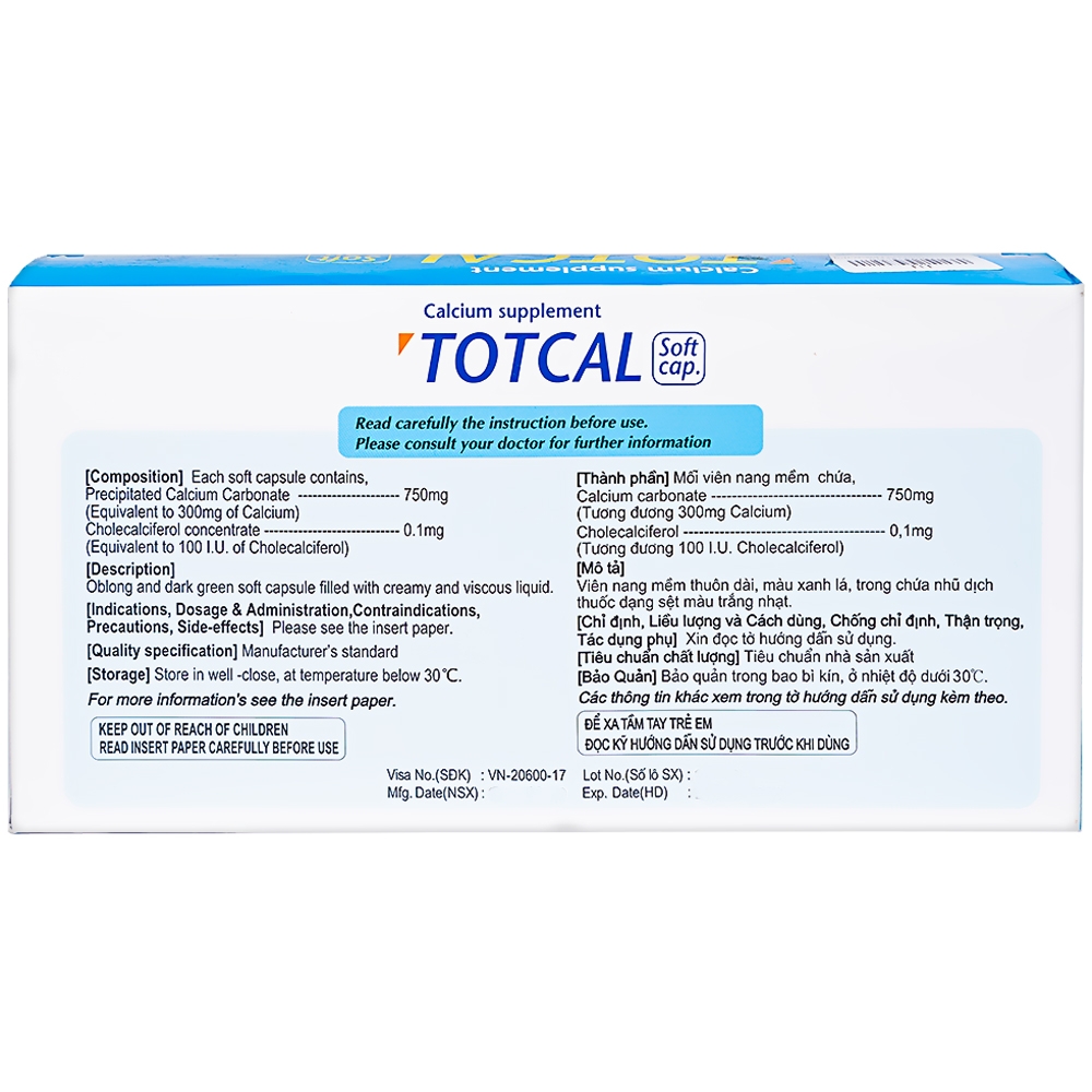 Thuốc Totcal Soft Cap DongKoo điều trị còi xương, chứng co giật (20 vỉ x 5 viên)