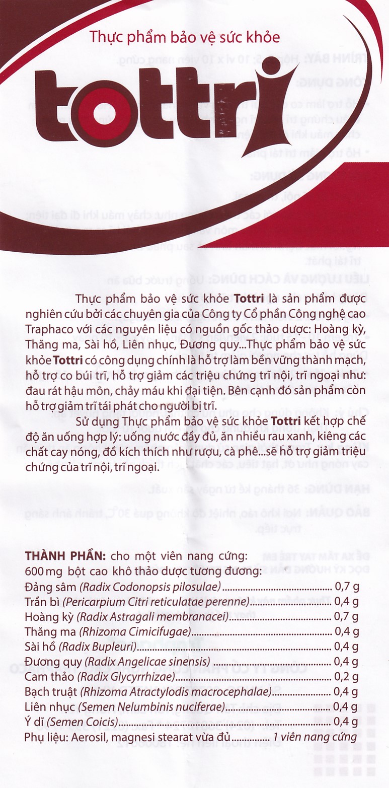 Viên hỗ trợ làm giảm triệu chứng trĩ nội, trĩ ngoại Tottri Traphaco (3 vỉ x 10 viên)