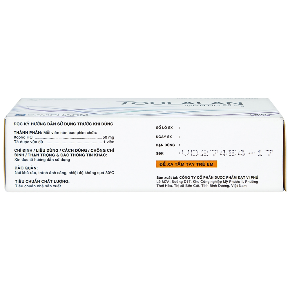 Thuốc Toulalan Davipharm điều trị triệu chứng về dạ dày (6 vỉ x 10 viên)