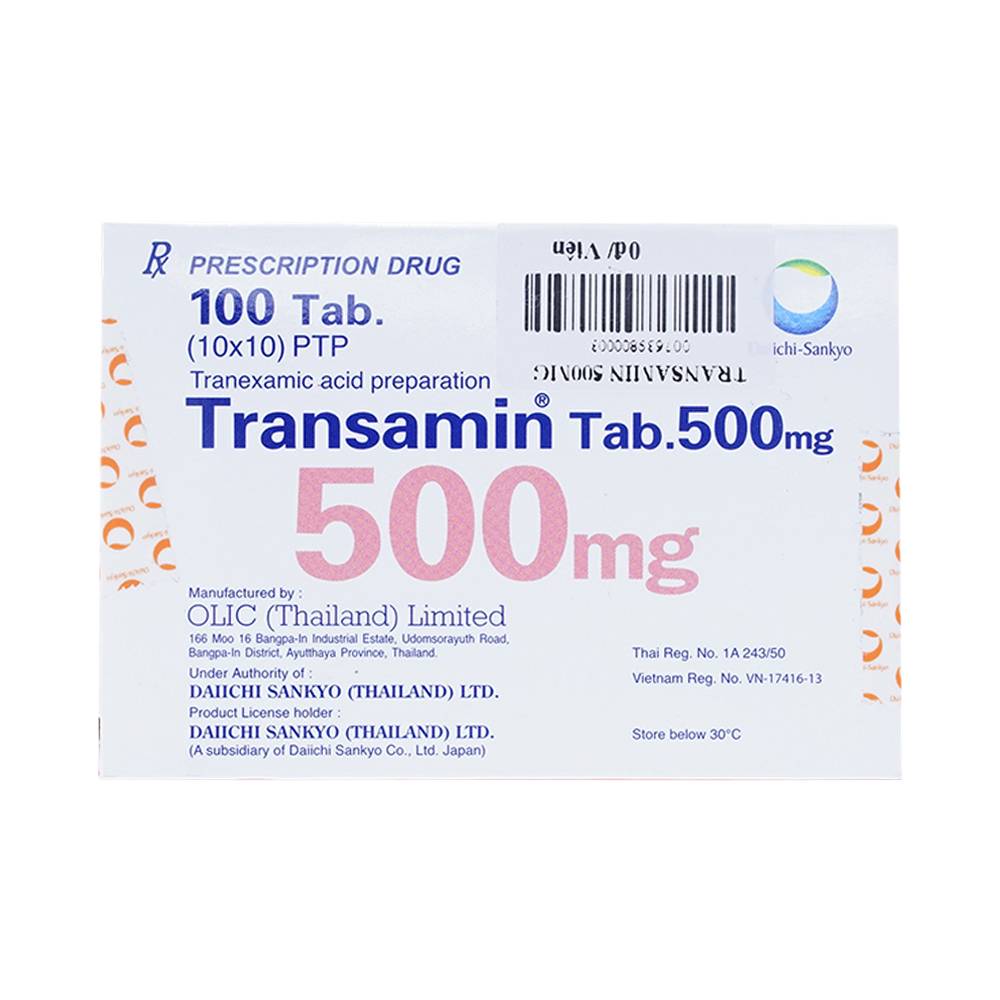 Thuốc Transamin Tab.500mg Daiichi điều trị bệnh bạch huyết, thiếu máu không tái tạo (10 vỉ x 10 viên)
