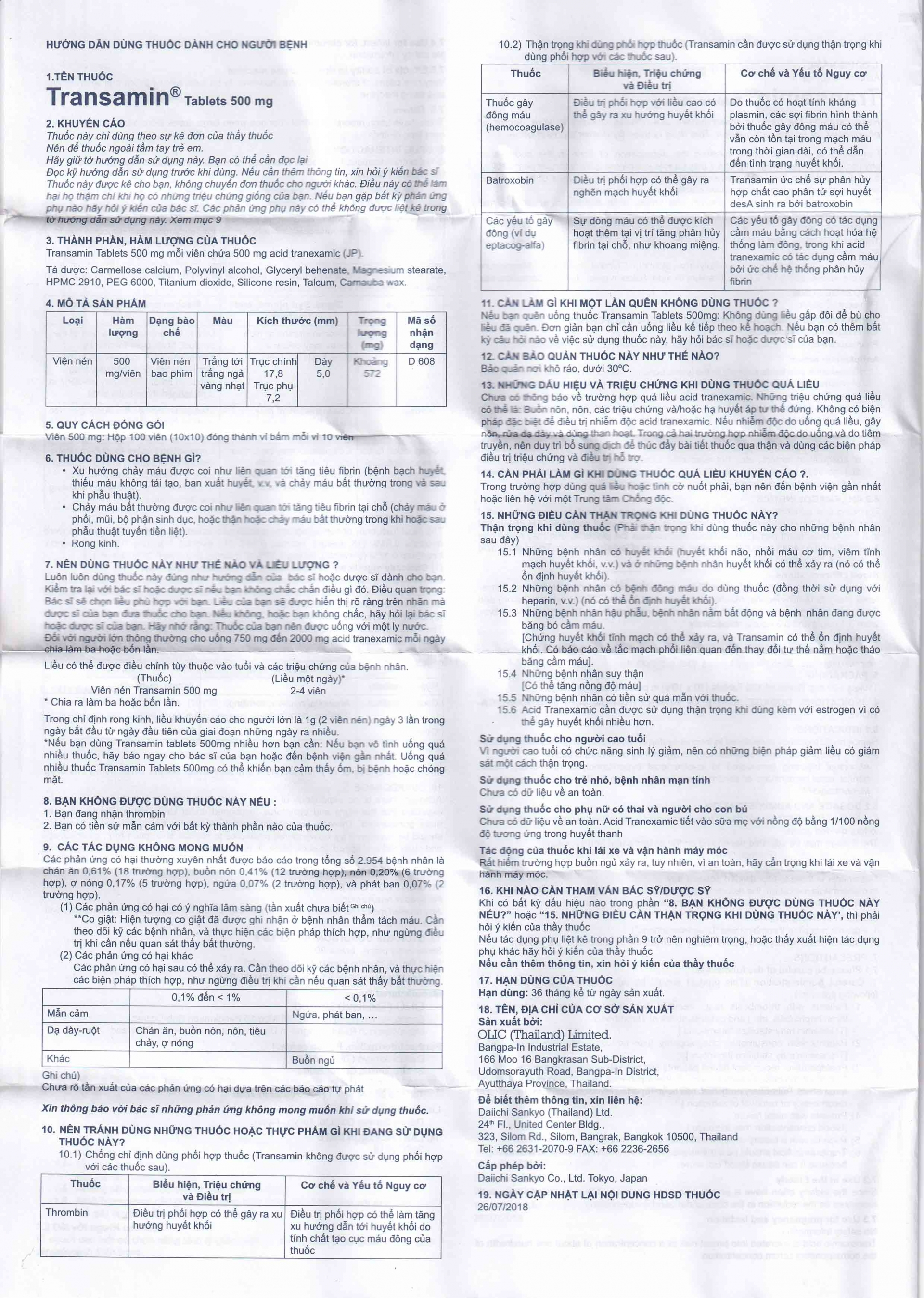 Thuốc Transamin Tab.500mg Daiichi điều trị bệnh bạch huyết, thiếu máu không tái tạo (10 vỉ x 10 viên)