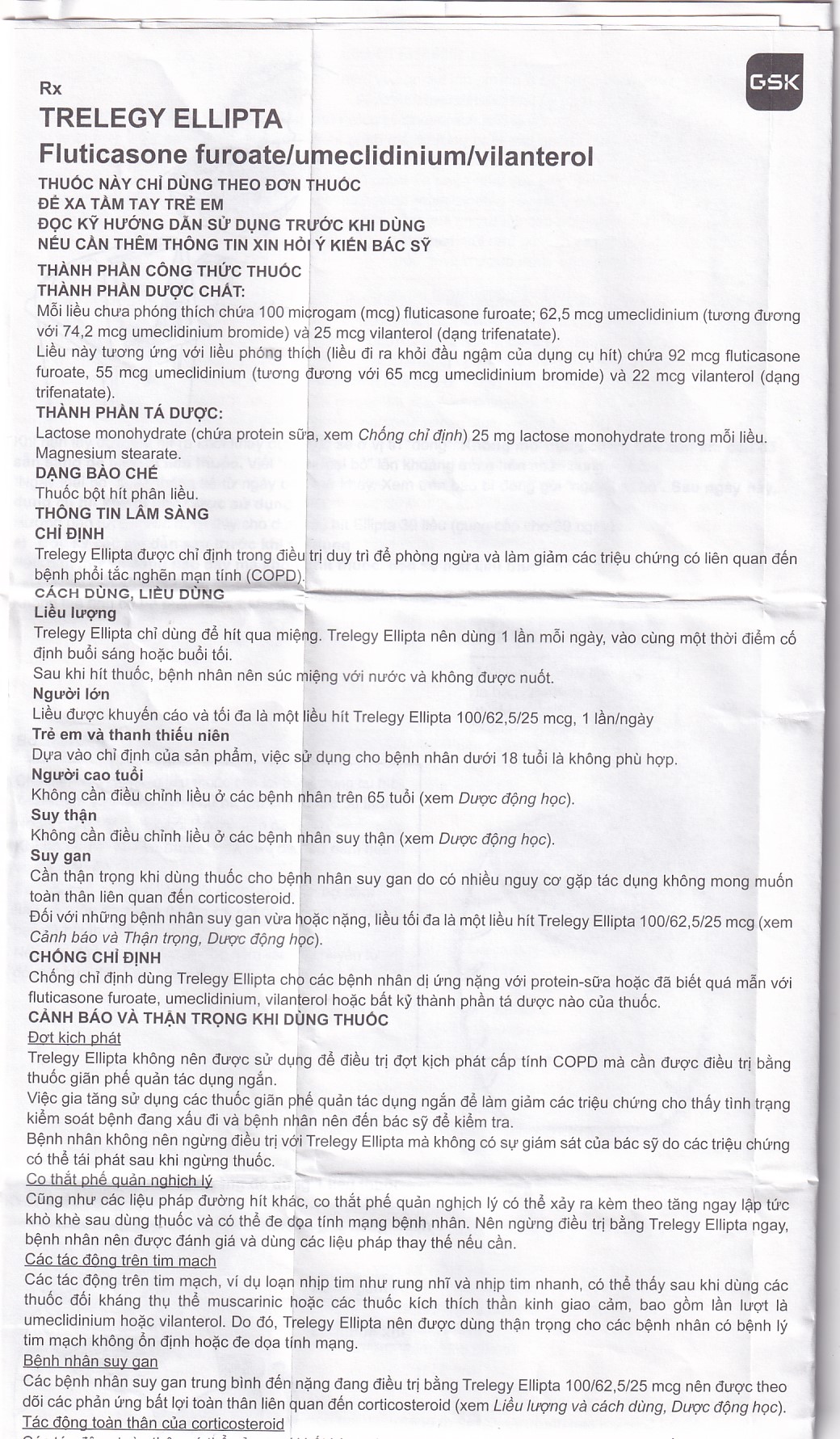 Thuốc bột hít phân liều Trelegy Ellipta GSK điều trị bệnh phổi tắc nghẽn mãn tính (30 liều hít)