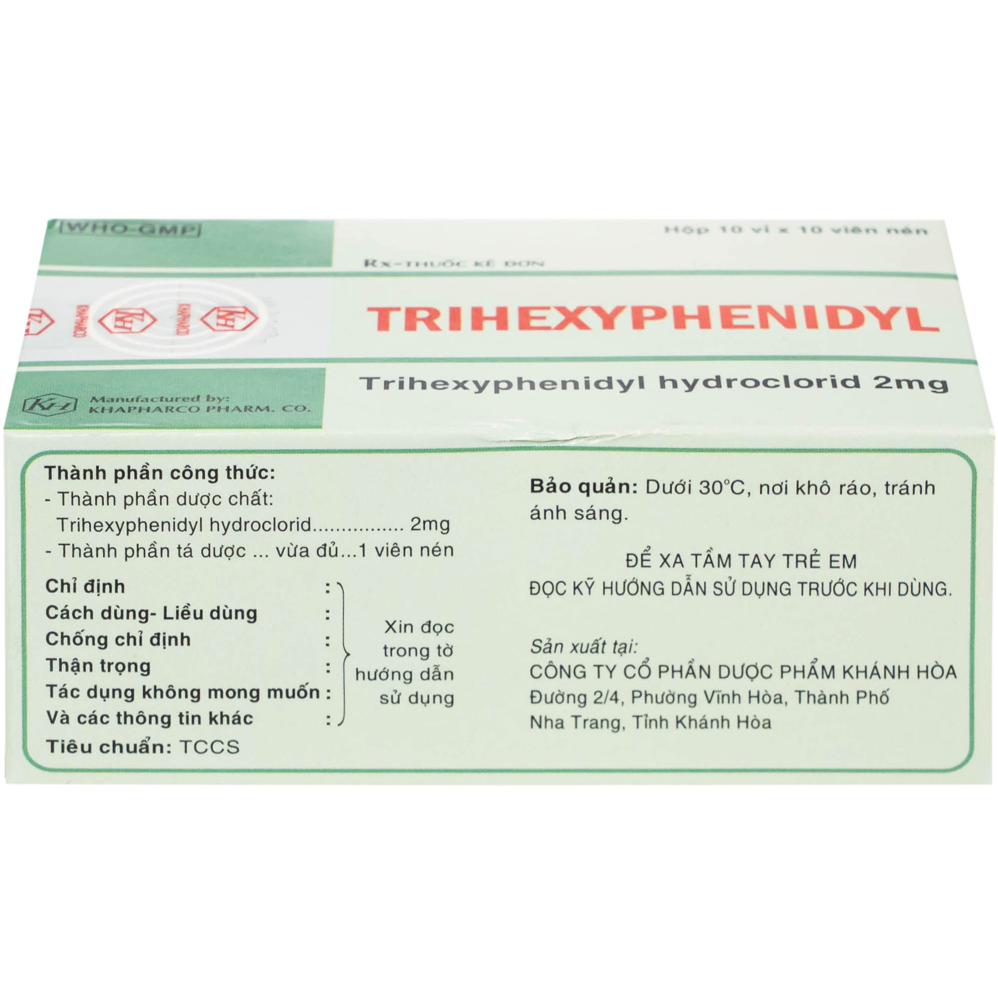 Thuốc Trihexyphenidyl 2mg Khánh Hòa điều trị phụ trợ hội chứng Parkinson (10 vỉ x 10 viên)