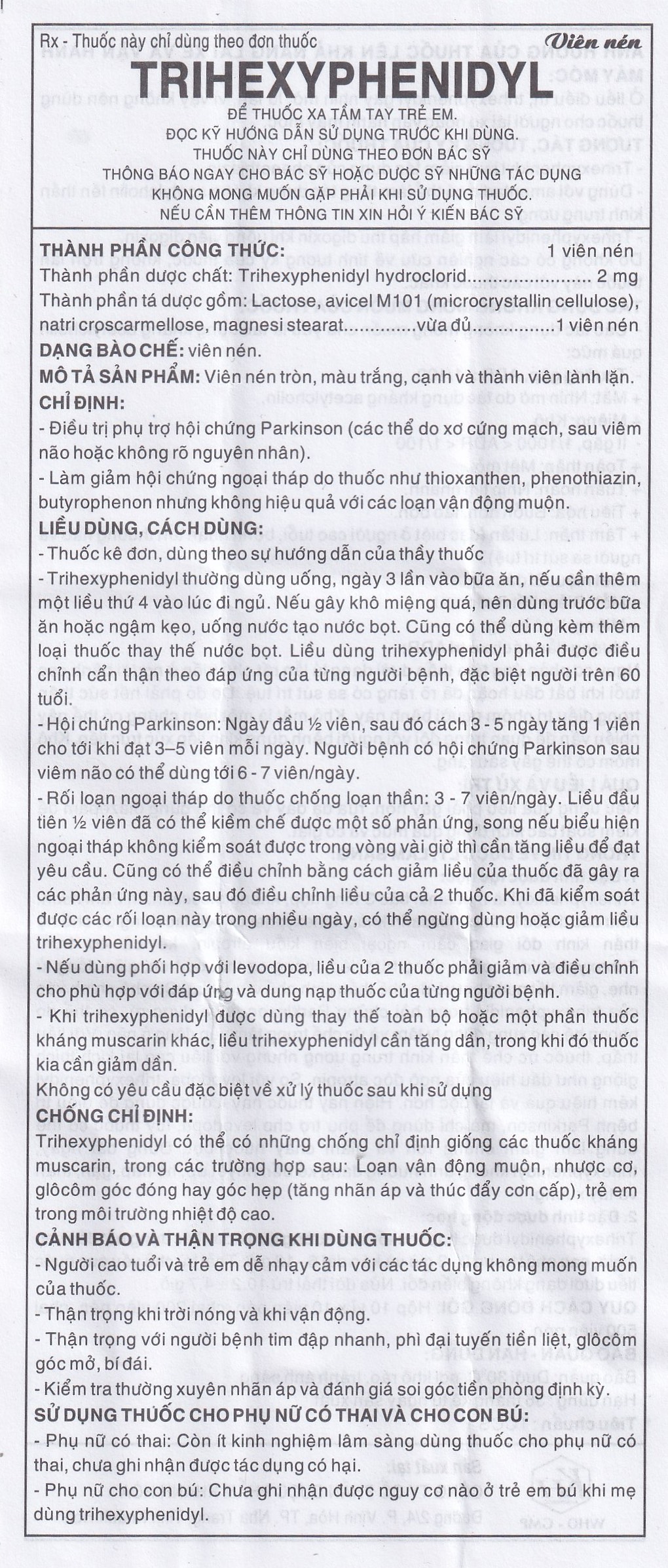 Thuốc Trihexyphenidyl 2mg Khánh Hòa điều trị phụ trợ hội chứng Parkinson (10 vỉ x 10 viên)