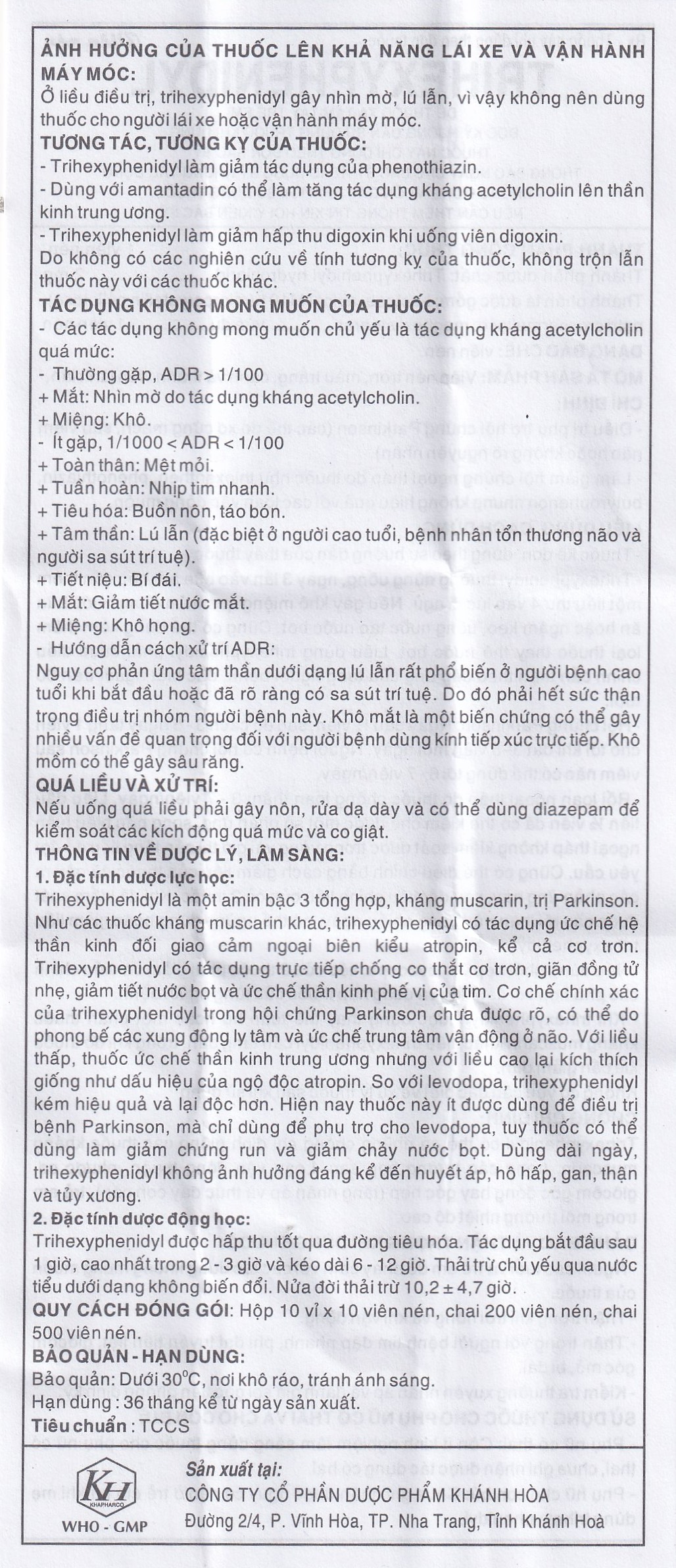 Thuốc Trihexyphenidyl 2mg Khánh Hòa điều trị phụ trợ hội chứng Parkinson (10 vỉ x 10 viên)