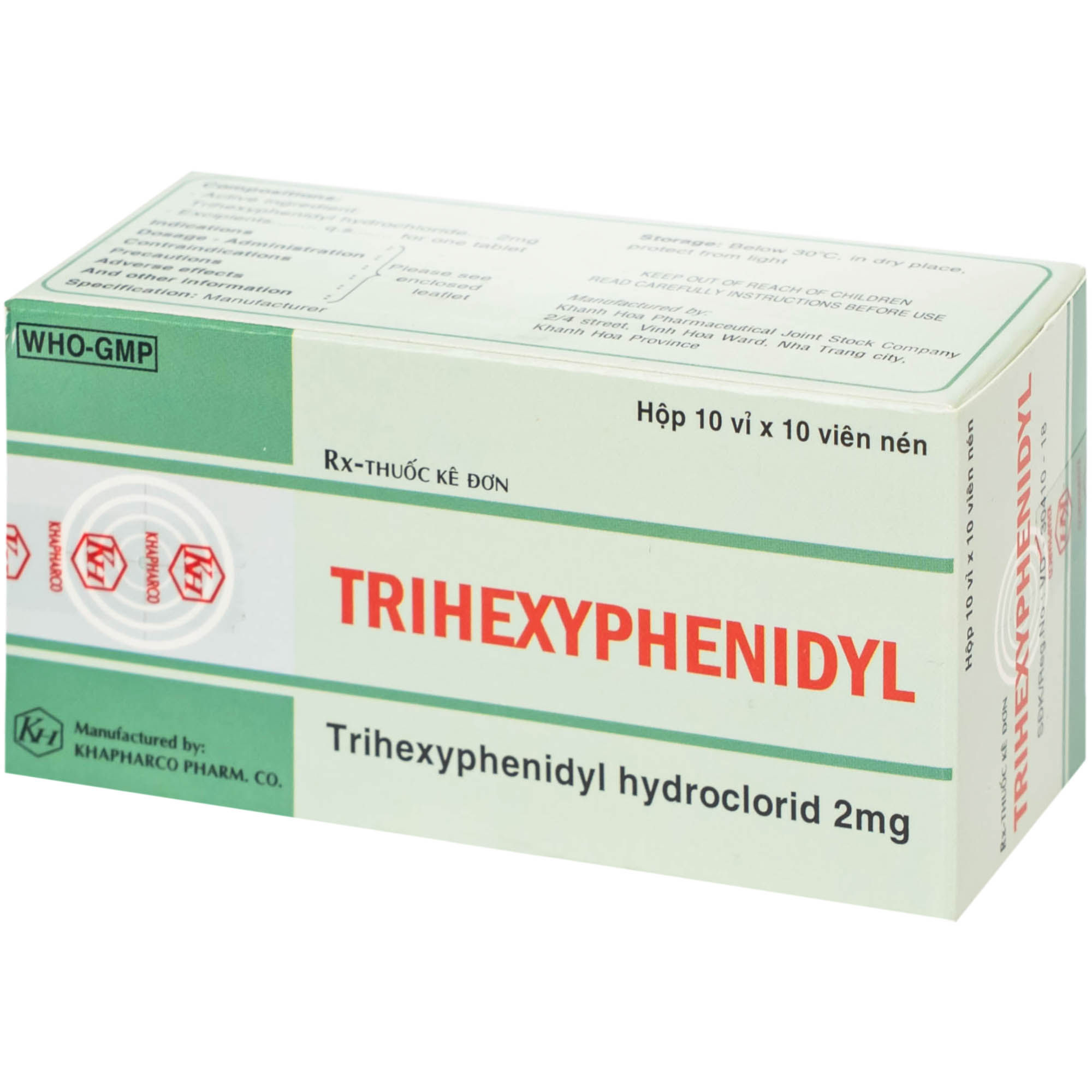 Thuốc Trihexyphenidyl 2mg Khánh Hòa điều trị phụ trợ hội chứng Parkinson (10 vỉ x 10 viên)