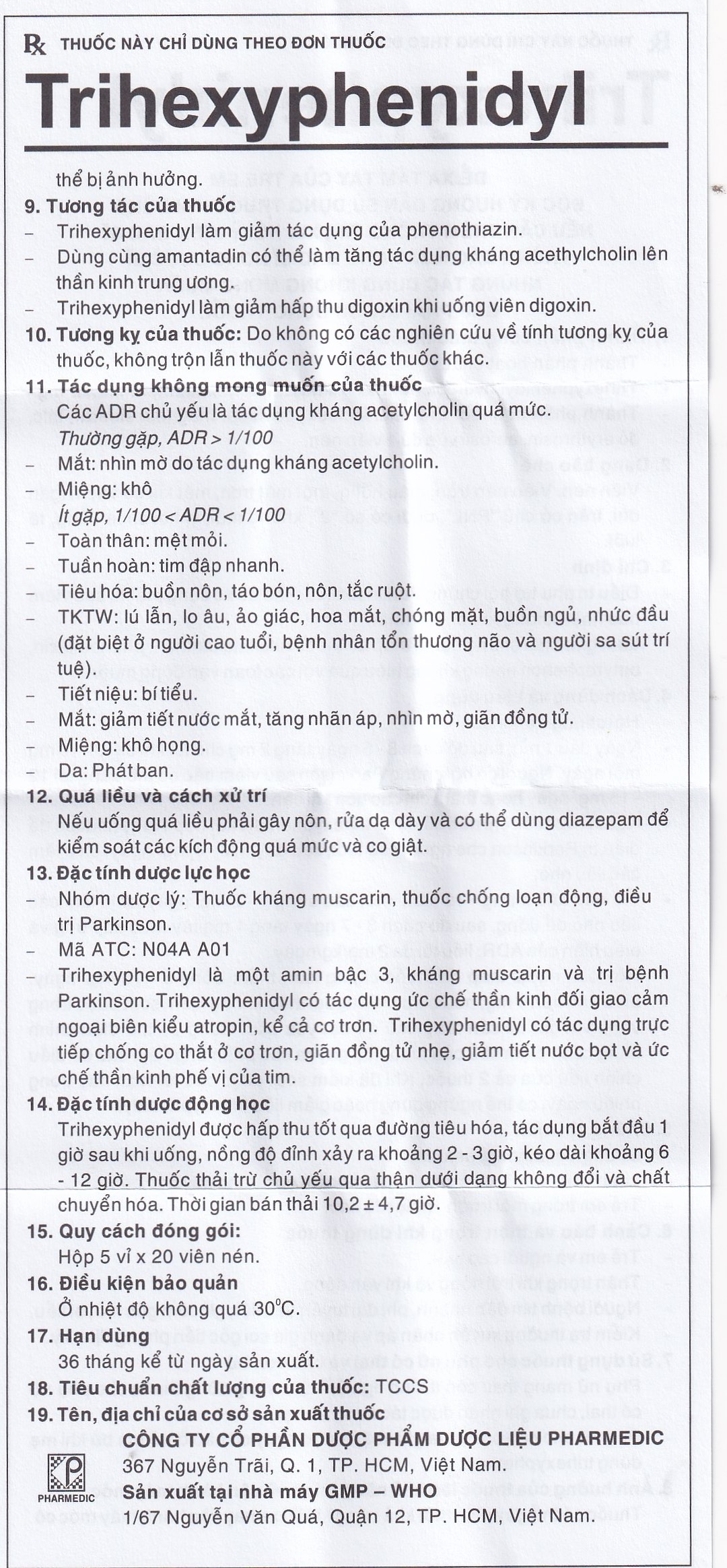 Thuốc Trihexyphenidyl Pharmedic điều trị phụ trợ hội chứng Parkinson (5 vỉ x 20 viên)