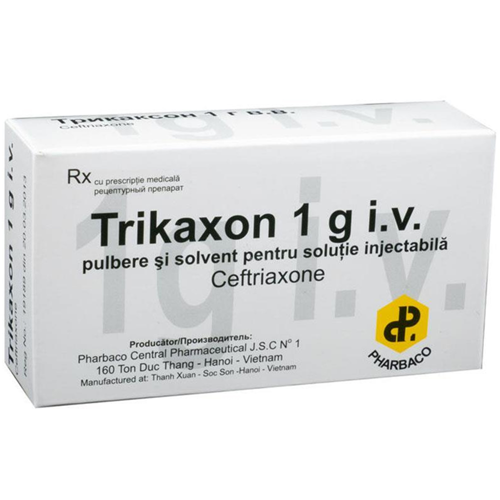 Bột pha tiêm Trikaxon 1g i.v. Ceftriaxon Pharbaco điều trị các bệnh nhiễm khuẩn nặng (10 lọ)