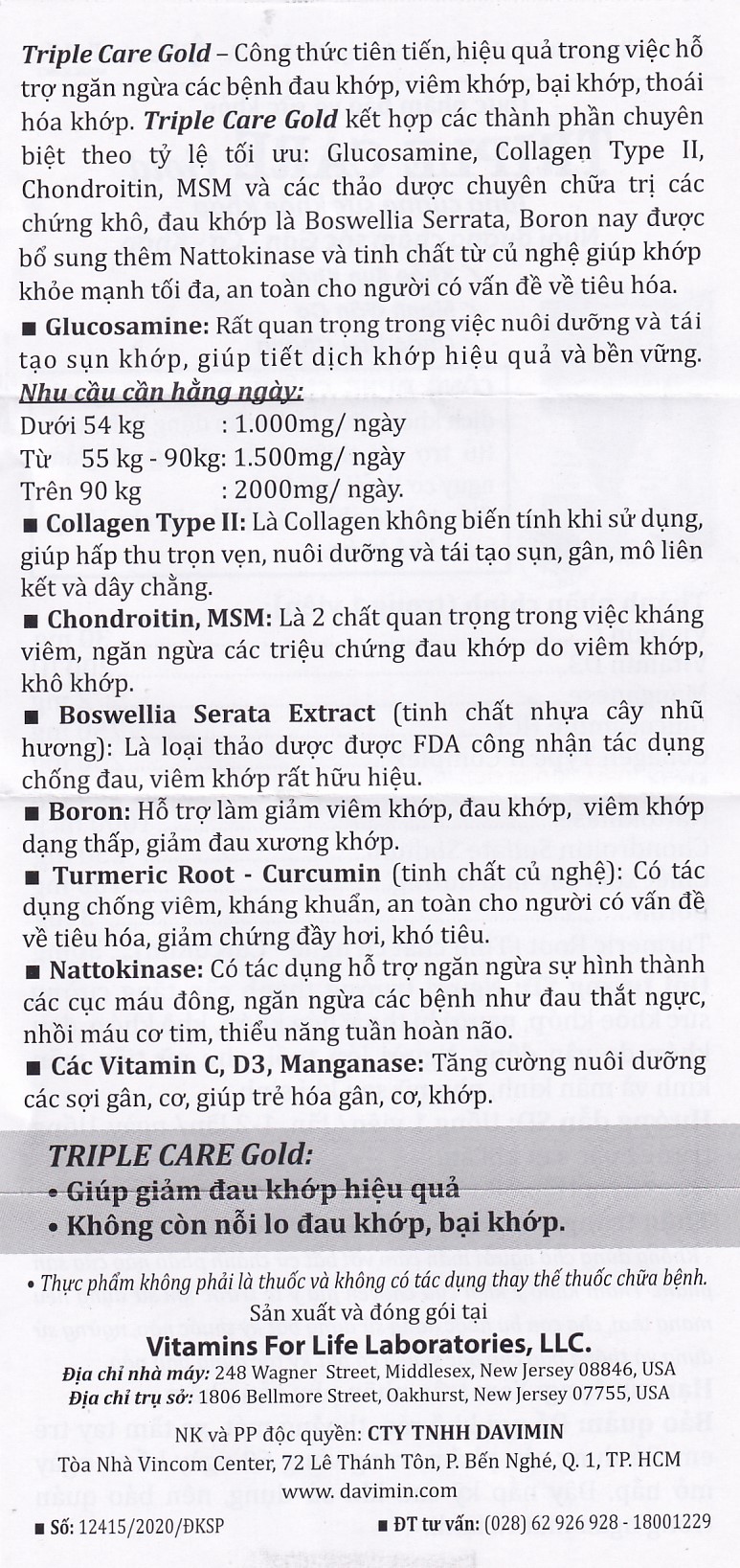 Viên uống giúp tăng tiết dịch khớp, giảm thoái hóa khớp Triple Care Gold Vitamins For Life (60 viên)