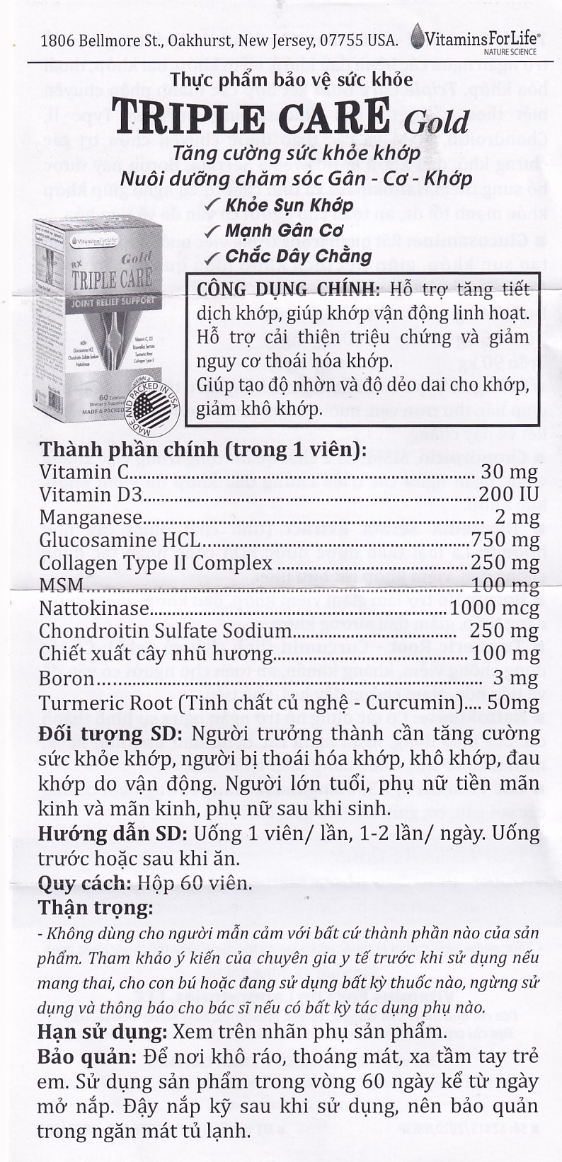 Viên uống giúp tăng tiết dịch khớp, giảm thoái hóa khớp Triple Care Gold Vitamins For Life (60 viên)