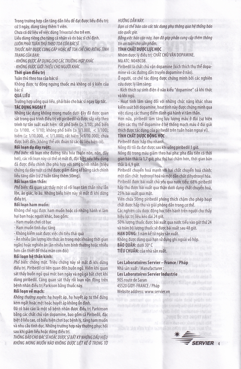 Thuốc Trivastal Retard 50 Servier điều trị bệnh Parkinson (2 vỉ x 15 viên)