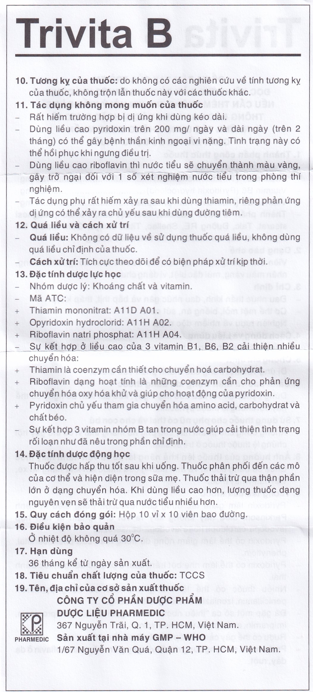 Thuốc Trivita B Pharmedic điều trị đau nhức thần kinh (10 vỉ x 10 viên)