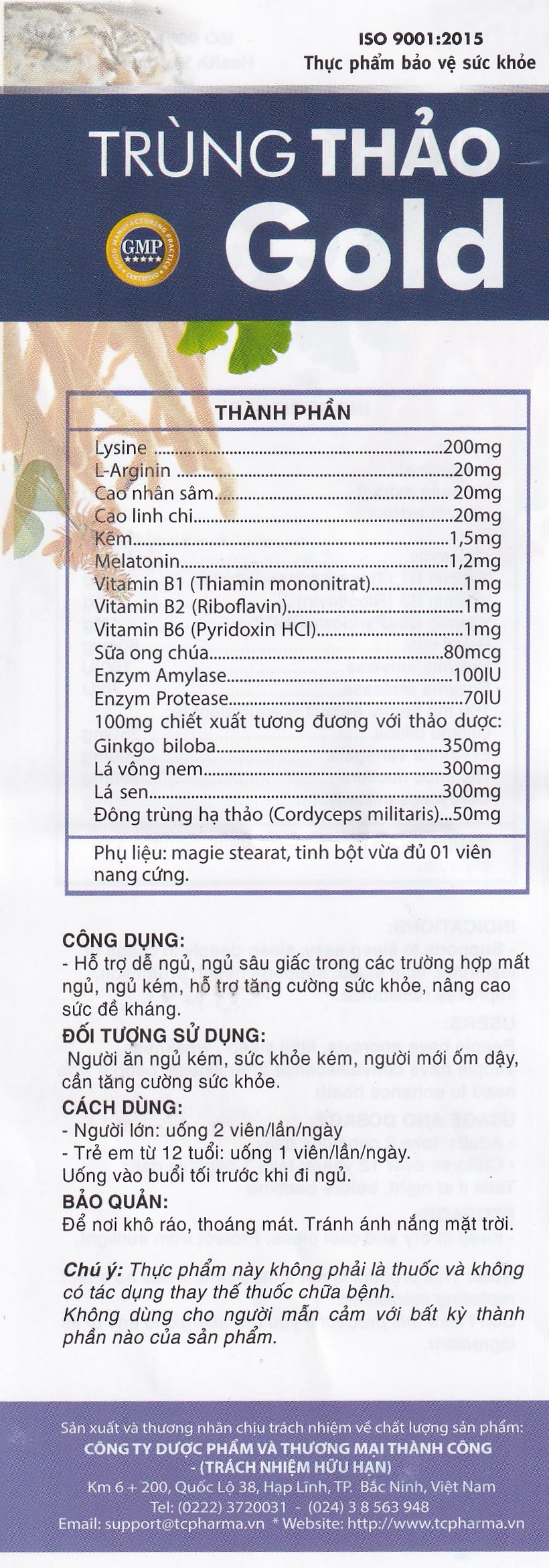 Viên uống hỗ trợ dễ ngủ, ngủ sâu giấc, tăng cường sức khỏe Trùng Thảo Gold (30 viên)