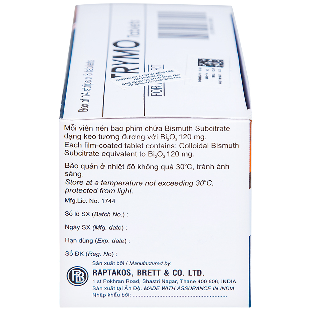 Thuốc Trymo Raptakos điều trị điều trị loét tá tràng, viêm dạ dày (14 vỉ x 8 viên)
