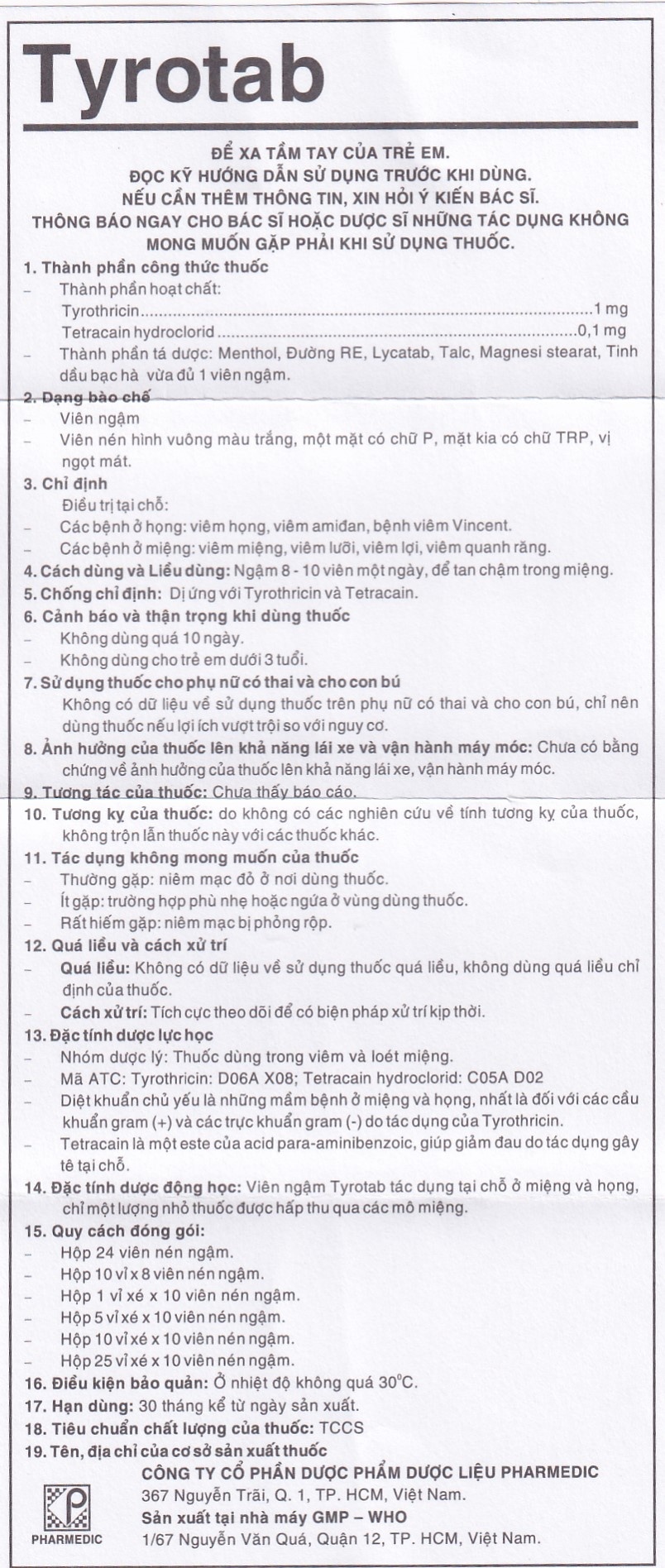 Viên ngậm sát trùng Tyrotab Pharmedic điều trị viêm họng, viêm amidan (10 vỉ x 8 viên)