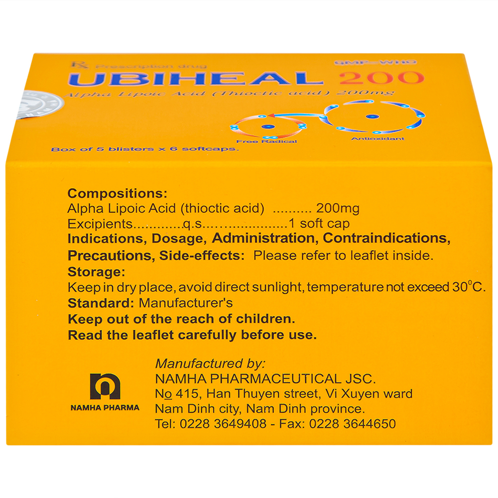 Thuốc Ubiheal 200 Nam Hà điều trị các rối loạn cảm giác  do bệnh thần kinh đái tháo đường (5 vỉ x 6 viên)