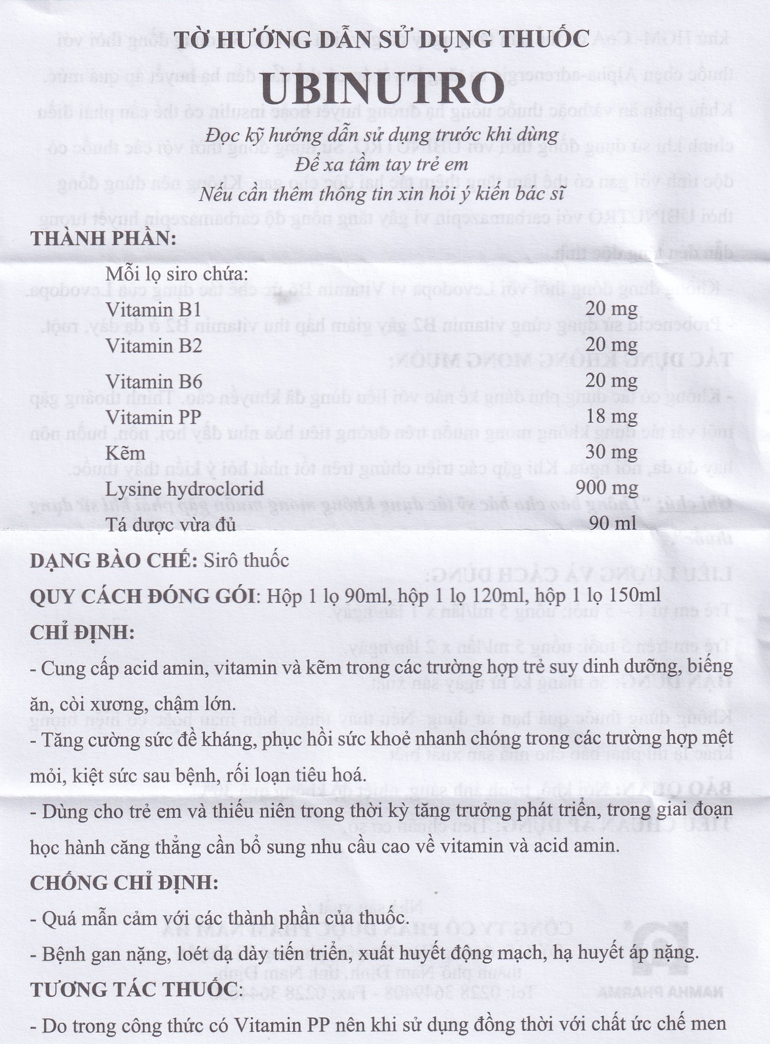 Siro Ubinutro Nam Hà bổ sung các acid amin, vitamin và kẽm (120ml)