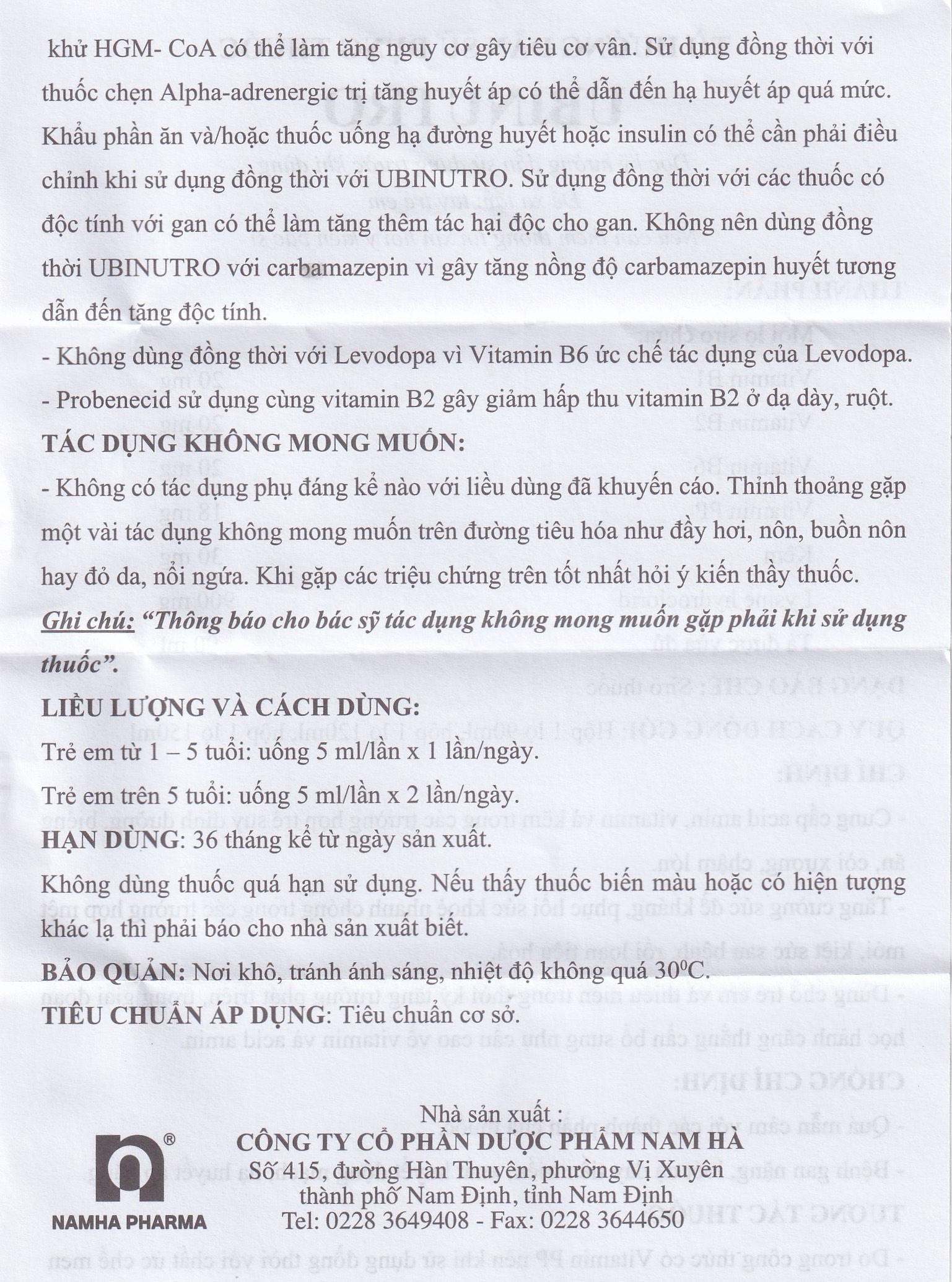 Siro Ubinutro Nam Hà bổ sung các acid amin, vitamin và kẽm (120ml)