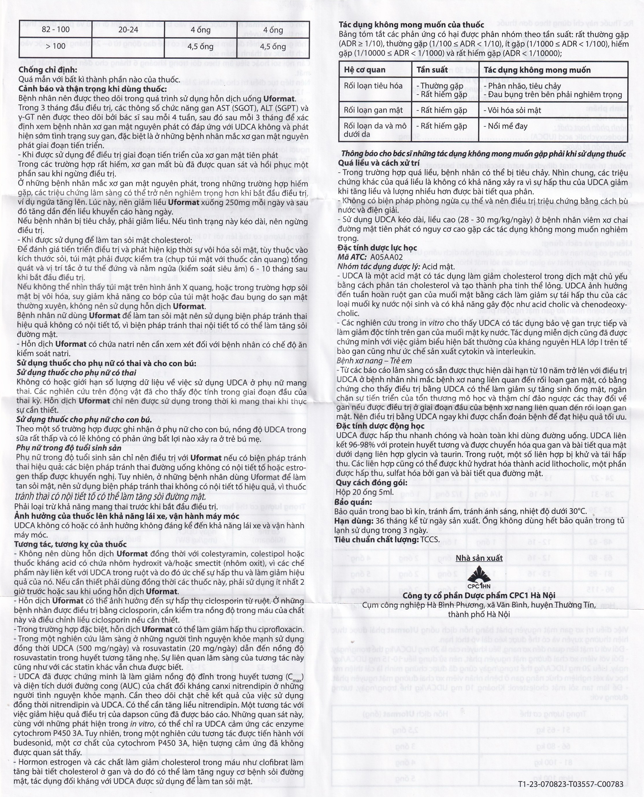 Thuốc Uformat 50mg CPC1HN điều trị xơ gan mật nguyên phát và giúp hoà tan sỏi mật (20 ống x 5ml)