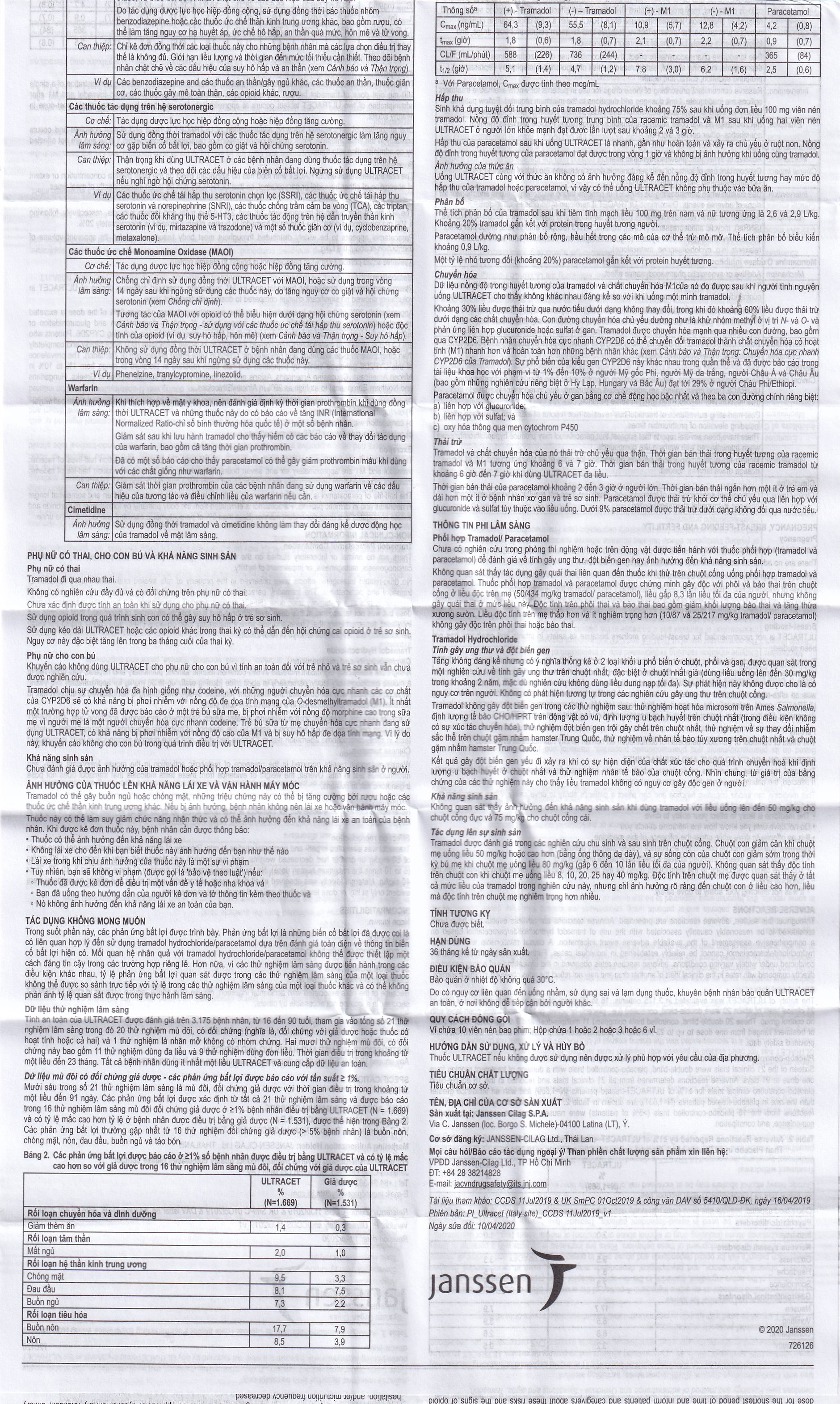 Thuốc Ultracet Janssen hỗ trợ điều trị cơn đau từ trung bình đến nặng (3 vỉ x 10 viên)