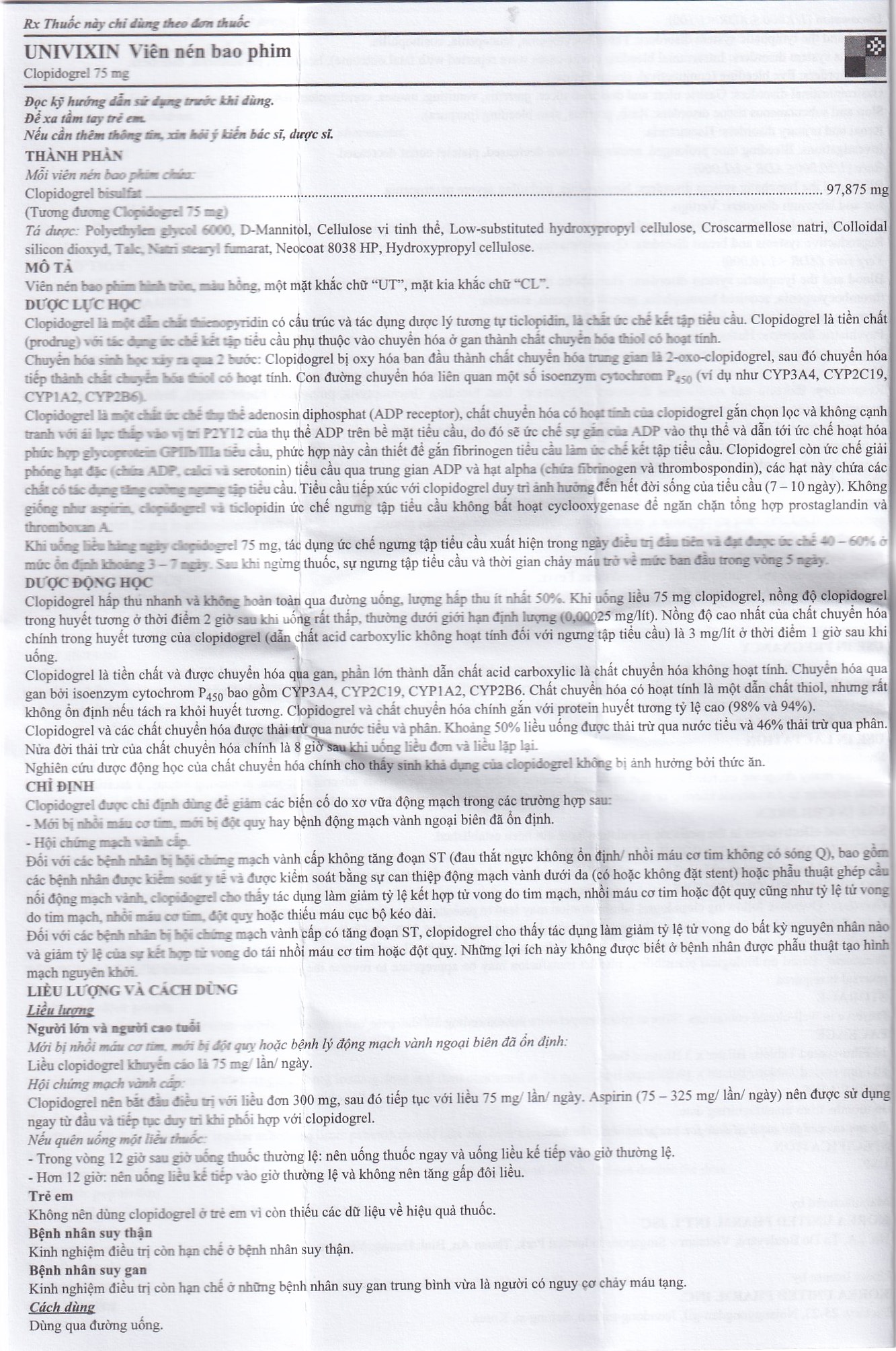 Thuốc Univixin Clopidogrel 75mg Korea United giảm các biến cố do xơ vữa động mạch (3 vỉ x 10 viên)