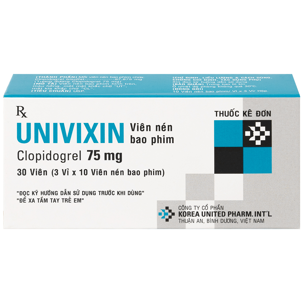 Thuốc Univixin Clopidogrel 75mg Korea United giảm các biến cố do xơ vữa động mạch (3 vỉ x 10 viên)