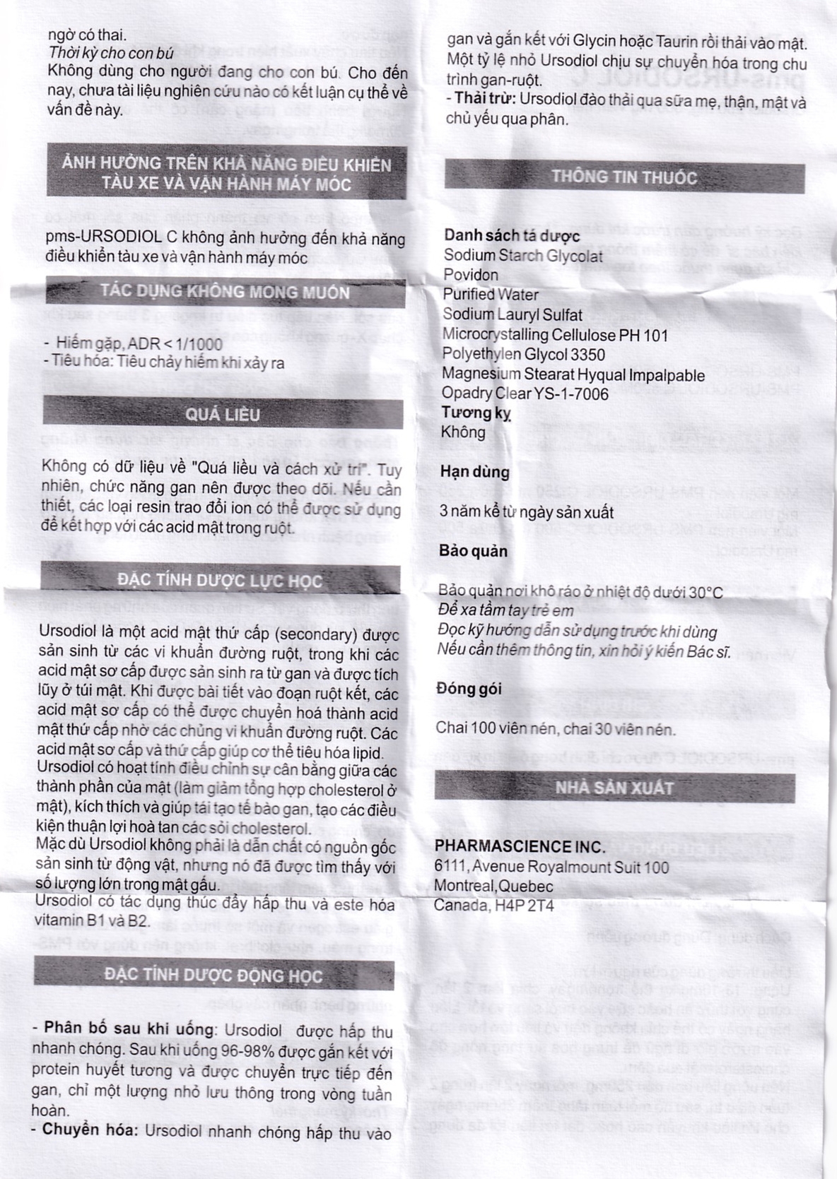 Thuốc Ursodiol C 500mg PharmaScience điều trị xơ gan ứ mật, làm tan sỏi mật (100 viên)