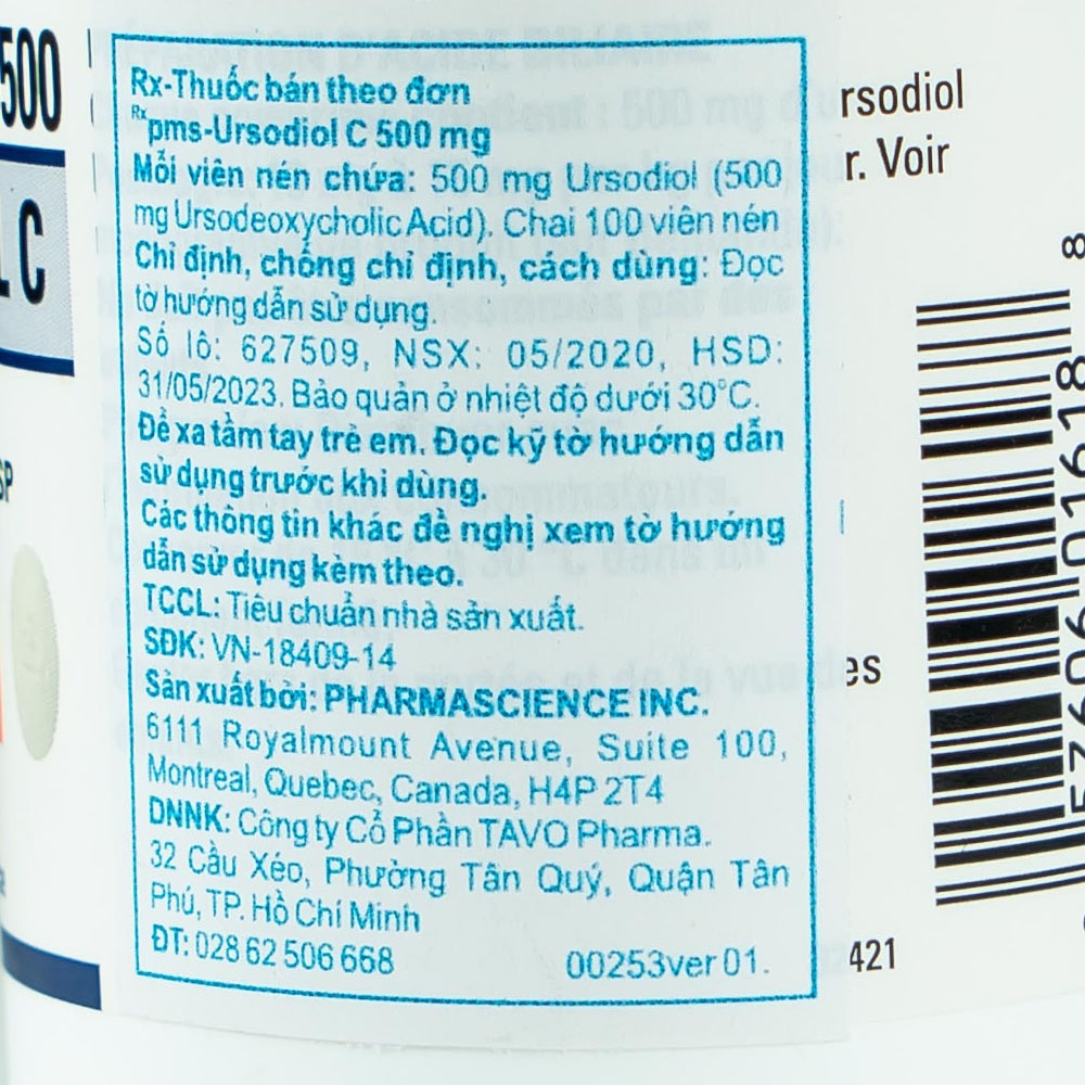 Thuốc Ursodiol C 500mg PharmaScience điều trị xơ gan ứ mật, làm tan sỏi mật (100 viên)