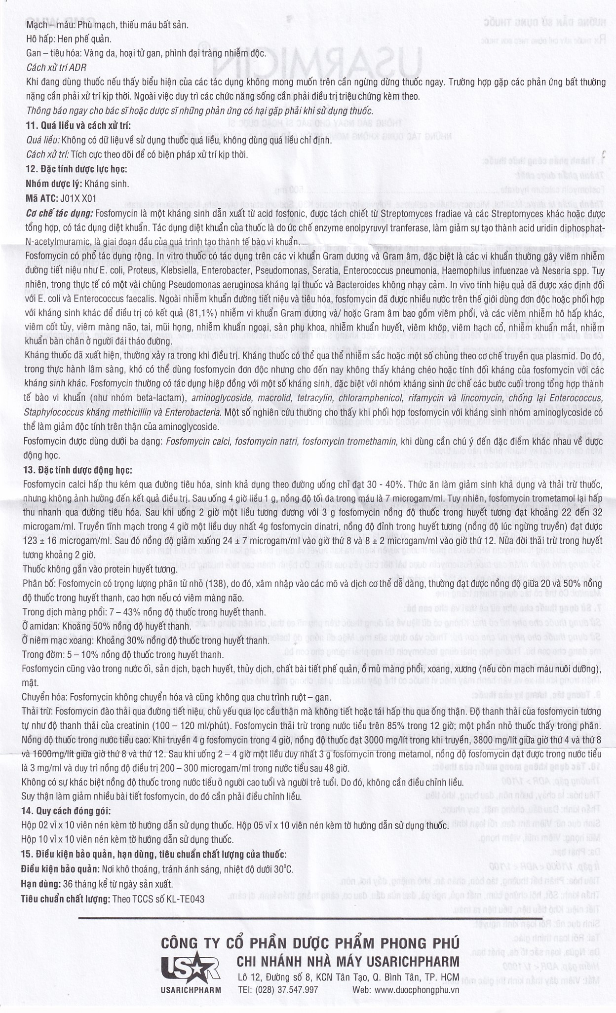 Thuốc Usarmicin Tablets 500 UsarichPharm điều trị nhiễm khuẩn đường tiết niệu (2 vỉ x 10 viên)