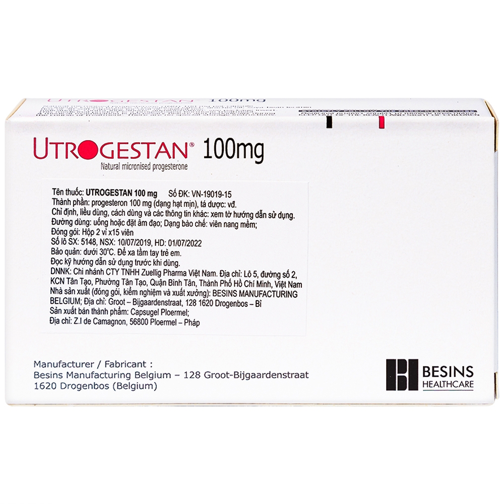 Thuốc Utrogestan 100mg Besins bổ sung nội tiết tố trong bệnh lý sản phụ khoa (2 vỉ x 15 viên)