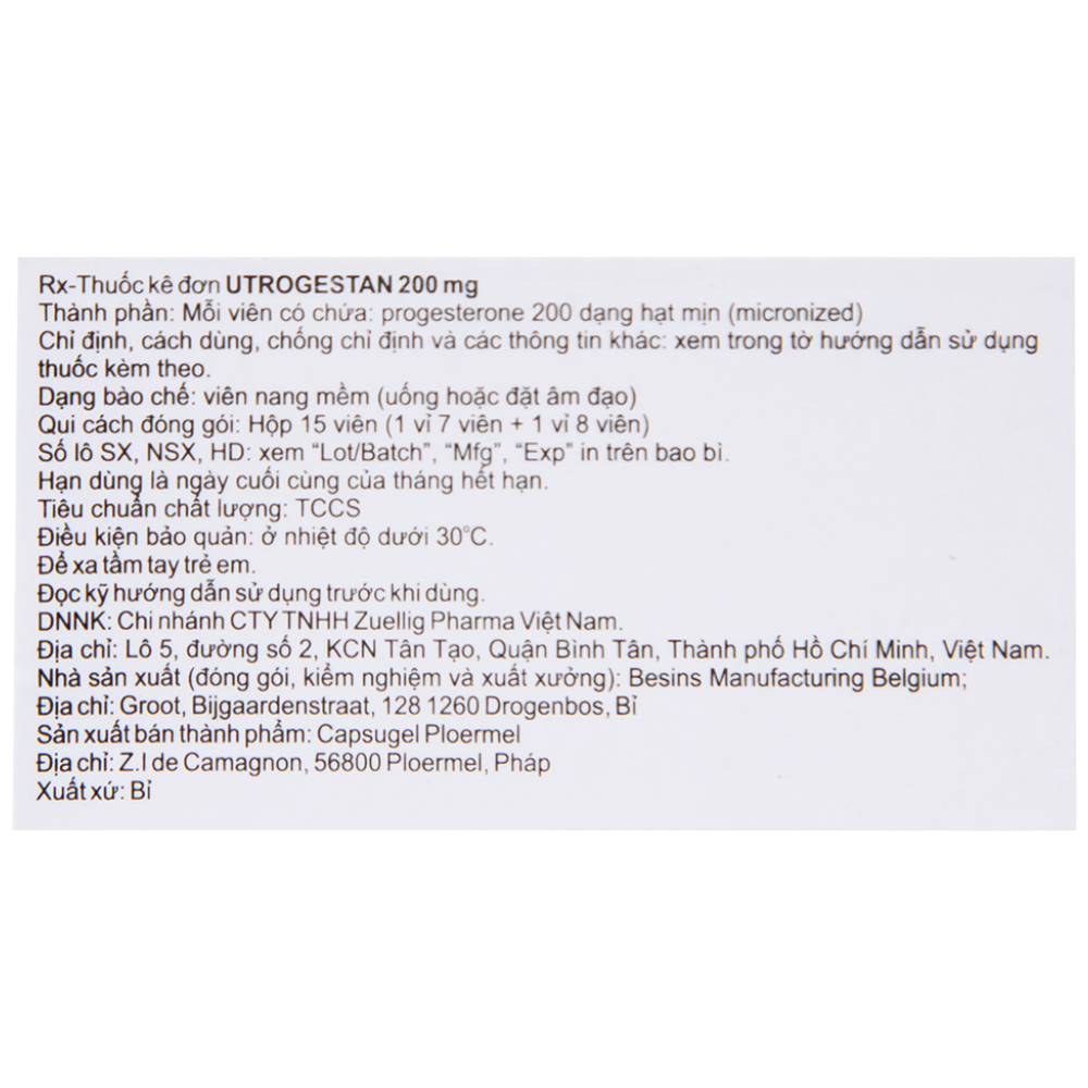 Thuốc Utrogestan 200mg Besins bổ sung nội tiết tố trong bệnh lý sản phụ khoa (15 viên)