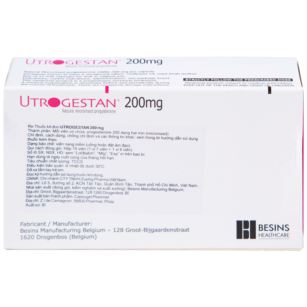 Thuốc Utrogestan 200mg Besins bổ sung nội tiết tố trong bệnh lý sản phụ khoa (15 viên)