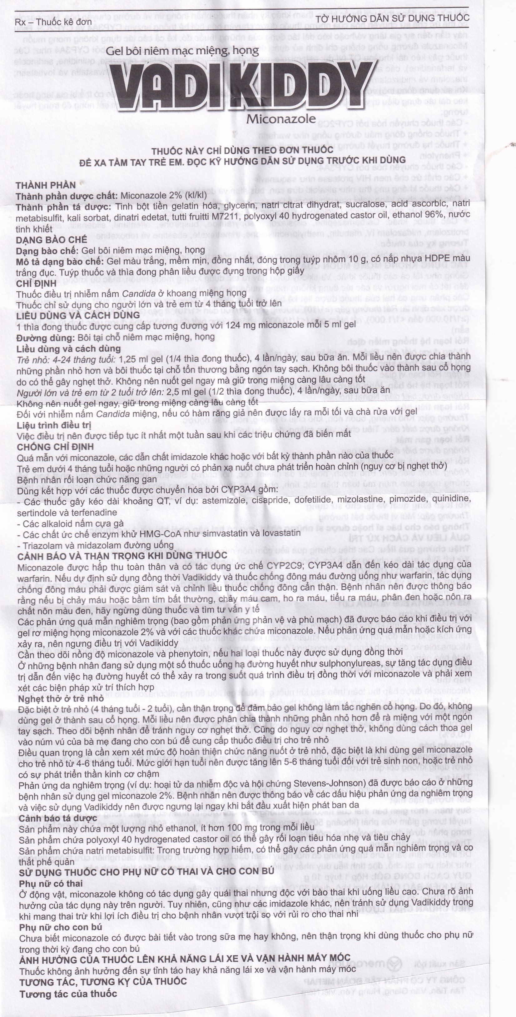 Gel niêm mạc miệng họng Vadikddy 10g Merap Gel điều trị nấm candida