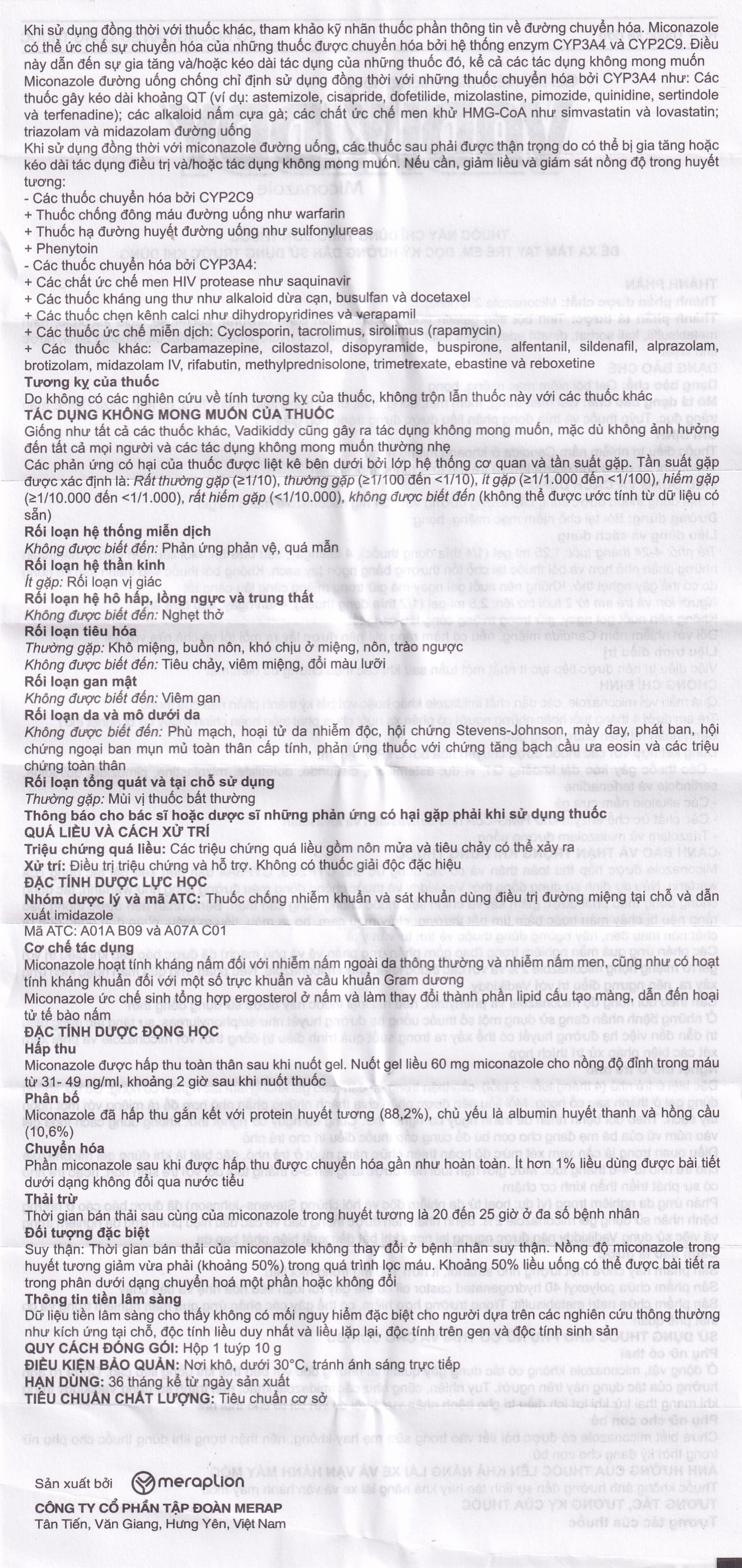 Gel niêm mạc miệng họng Vadikddy 10g Merap Gel điều trị nấm candida