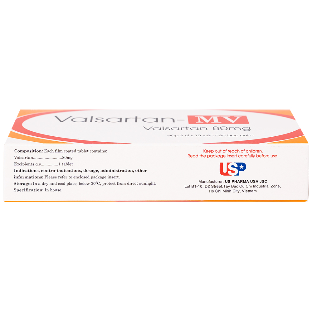 Thuốc Valsartan-MV 80mg USP điều trị bệnh tăng huyết áp và suy tim (3 vỉ x 10 viên)