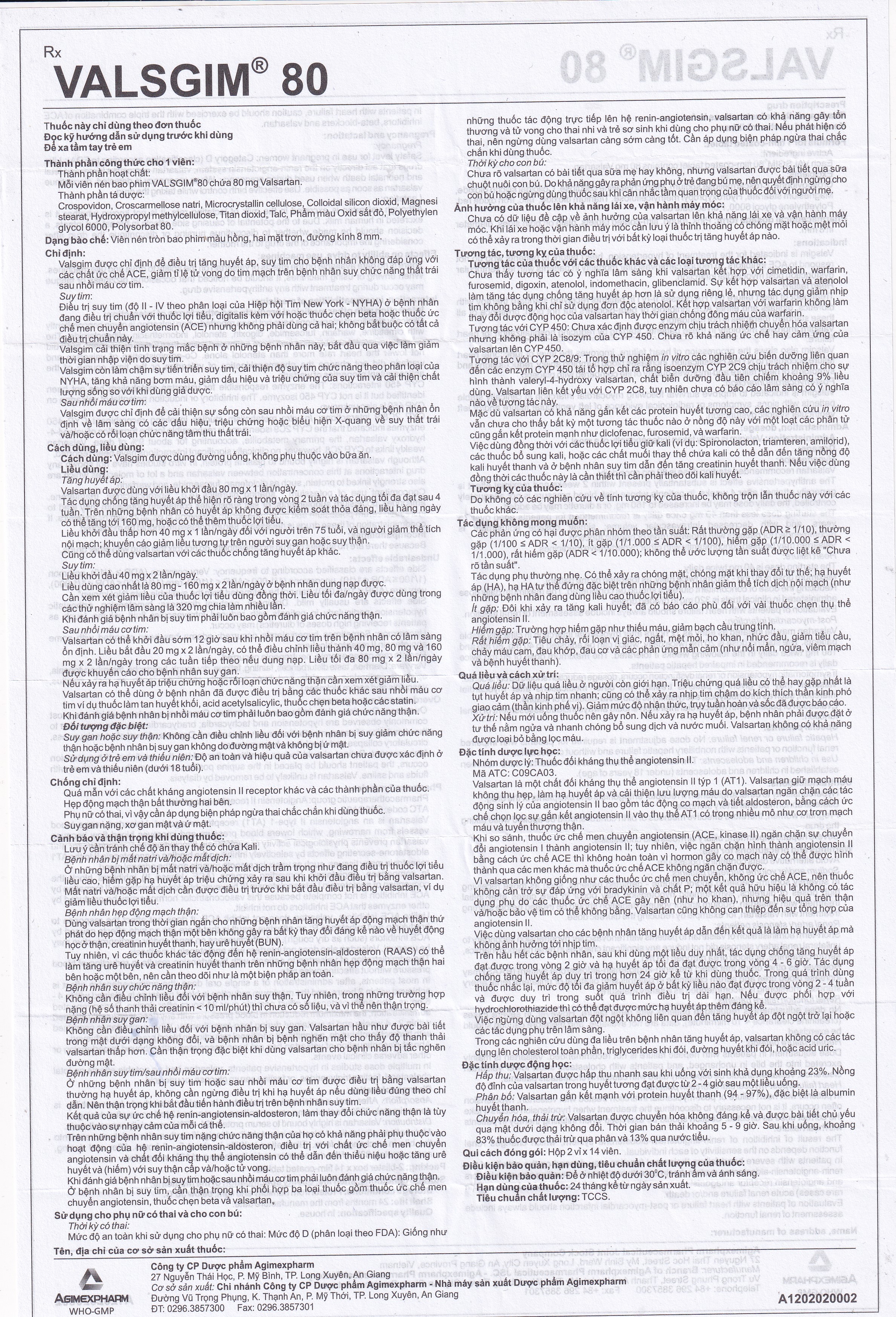 Thuốc Valsgim 80 Agimexpharm điều trị tăng huyết áp, suy tim (2 vỉ x 14 viên)