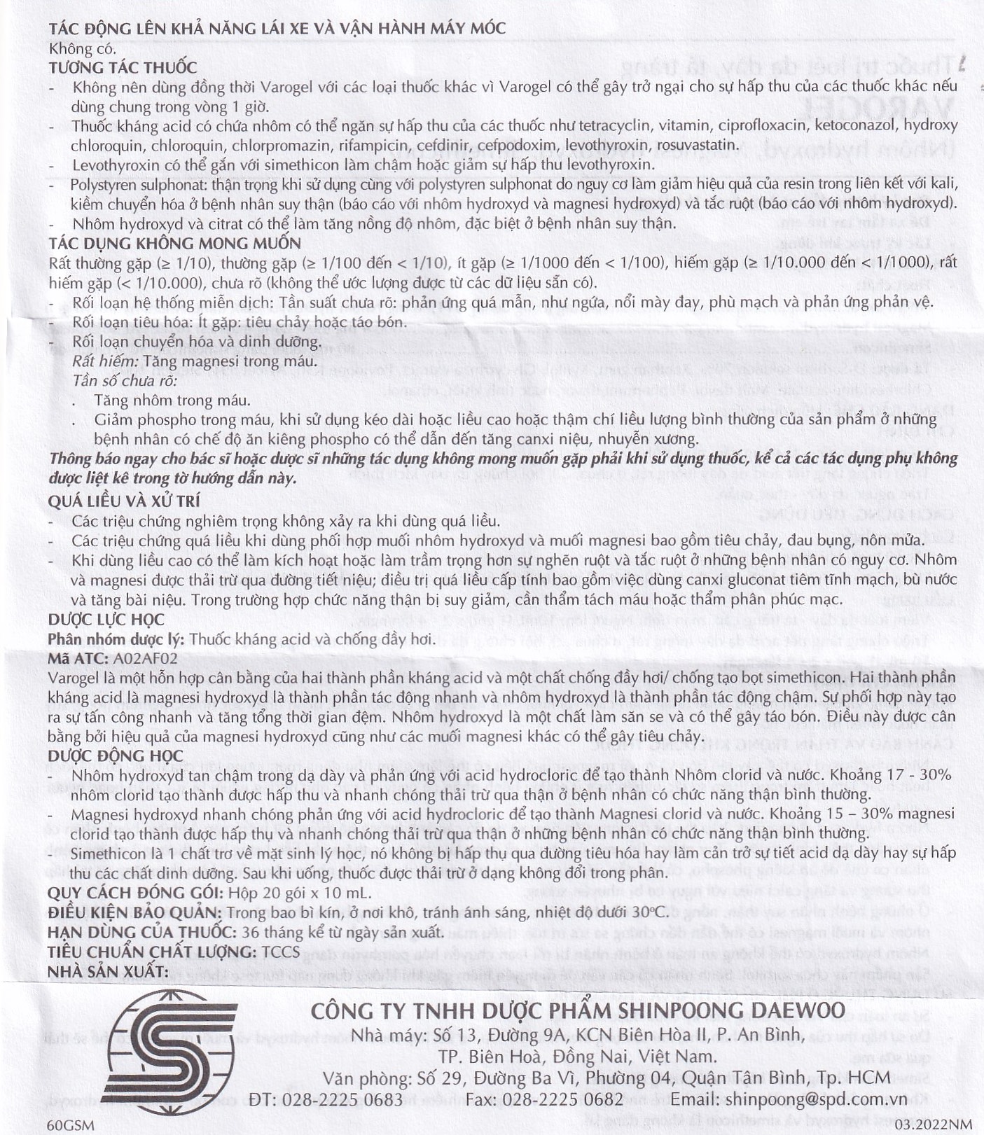 Hỗn dịch uống Varogel Shinpoong Deawoo điều trị viêm loét dạ dày, tá tràng (20 gói x 10ml)