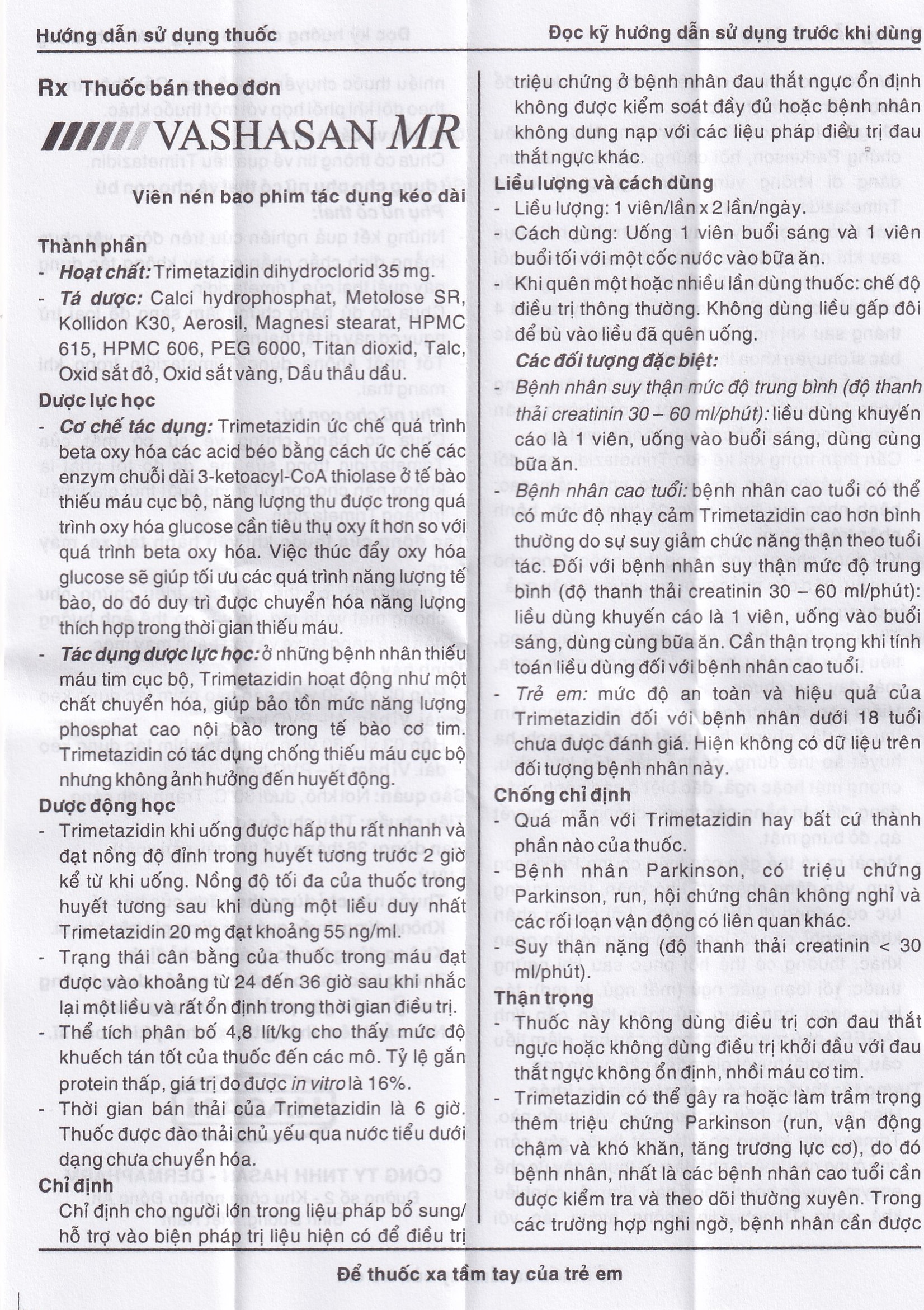 Thuốc Vashasan MR 35 Hasan điều trị đau thắt ngực (3 vỉ x 30 viên)