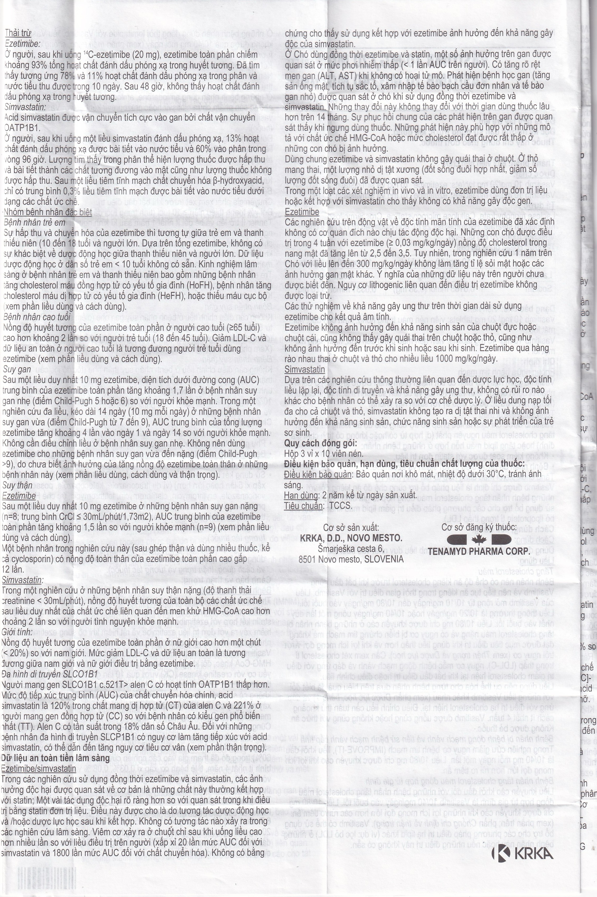 Thuốc Vasitimb 10mg/20mg tablets Krka giúp phòng bệnh tim, điều trị tăng cholesterol máu, máu đồng hợp tử gia đình (3 vỉ x 10 viên)