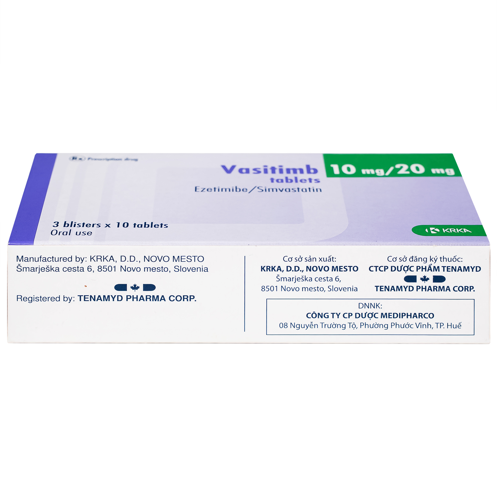 Thuốc Vasitimb 10mg/20mg tablets Krka giúp phòng bệnh tim, điều trị tăng cholesterol máu, máu đồng hợp tử gia đình (3 vỉ x 10 viên)