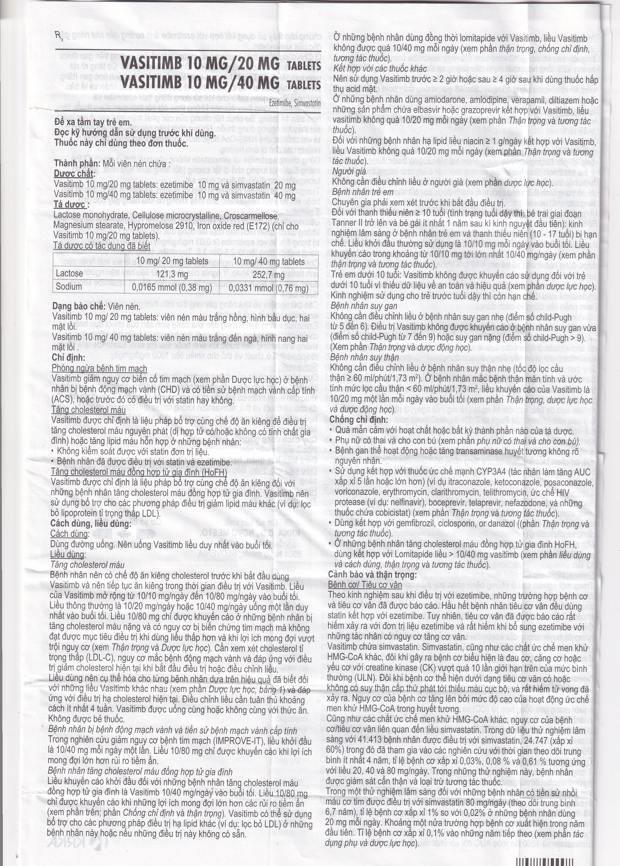 Thuốc Vasitimb 10mg/20mg tablets Krka giúp phòng bệnh tim, điều trị tăng cholesterol máu, máu đồng hợp tử gia đình (3 vỉ x 10 viên)