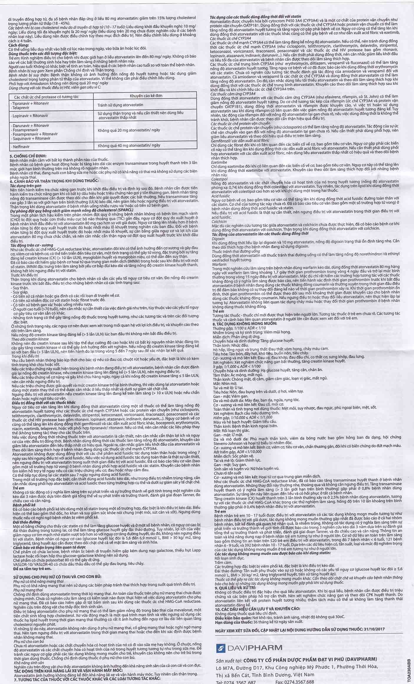 Thuốc Vaslor 20mg Davi Pharm giảm cholesterol và triglycerid (4 vỉ x 7 viên)