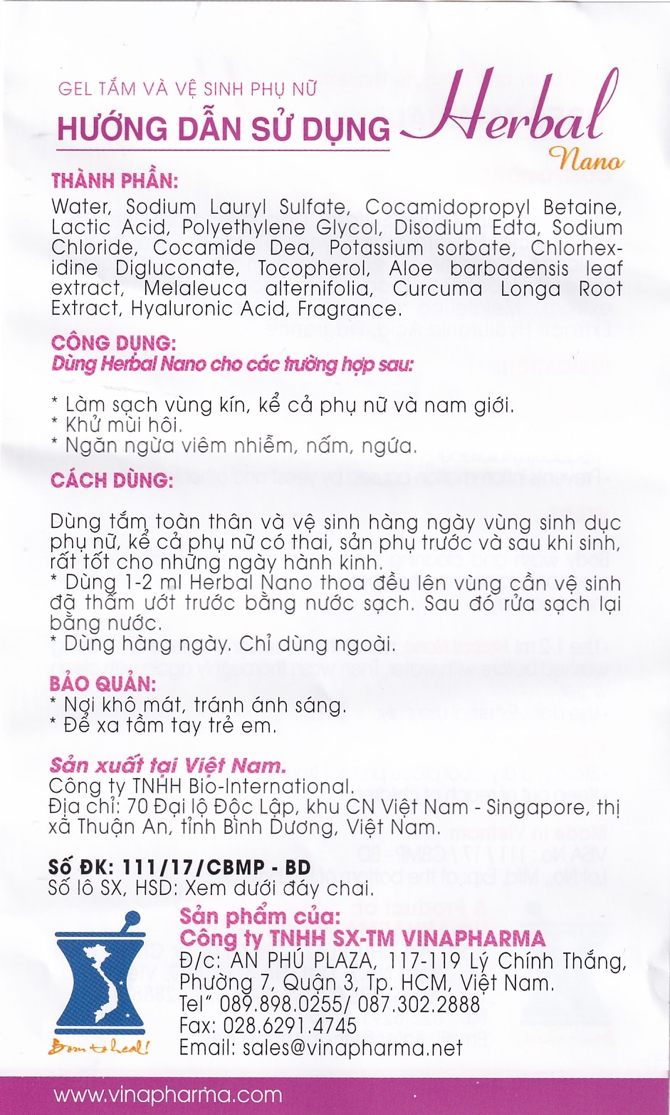 Gel vệ sinh phụ nữ Herbal Nano Vinapharma giúp vệ sinh, khử mùi, bảo vệ vùng kín (105g)