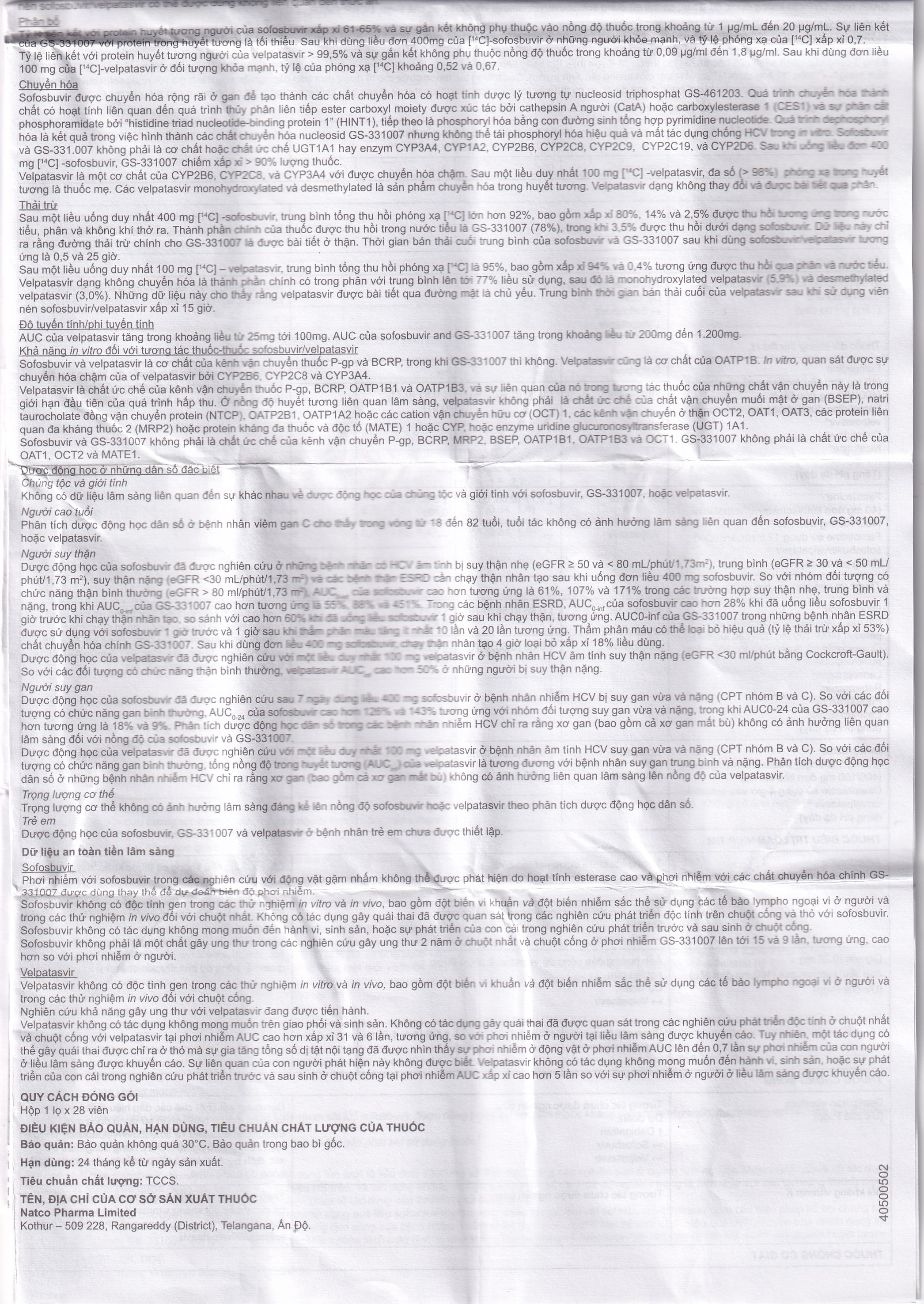 Thuốc Velsof 400mg/100mg Natco điều trị viêm gan virus C mạn tính ở người lớn (28 viên)