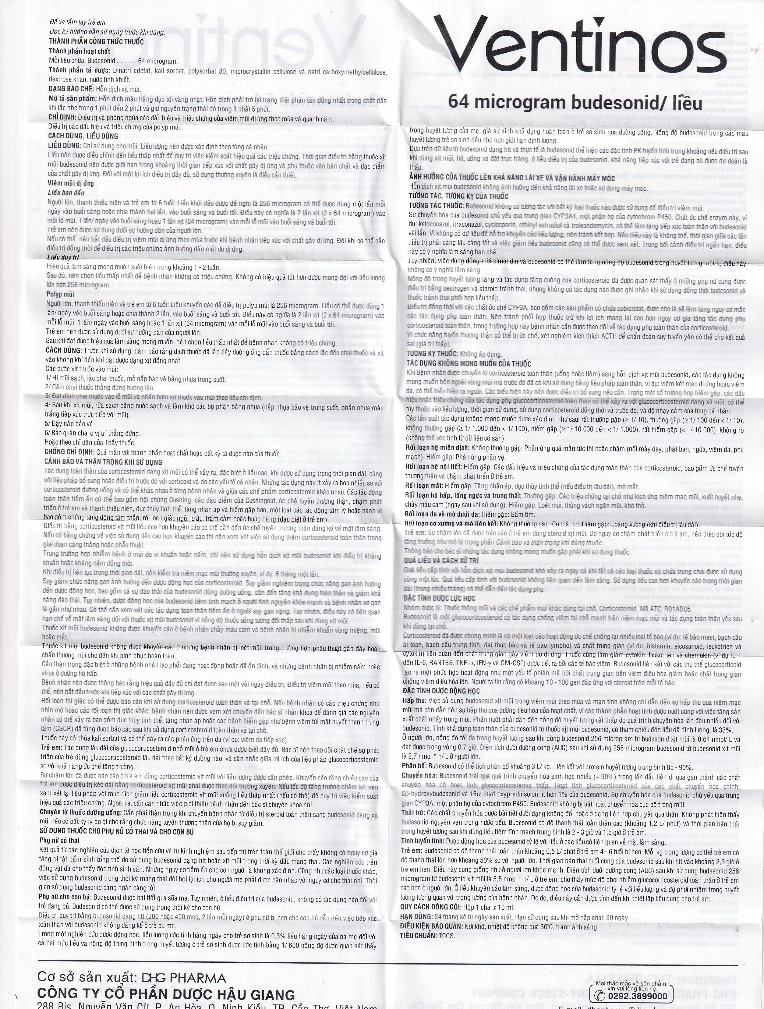 Thuốc Ventinos 64mcg DHG điều trị và phòng ngừa các dấu hiệu và triệu chứng của viêm mũi dị ứng (10ml)