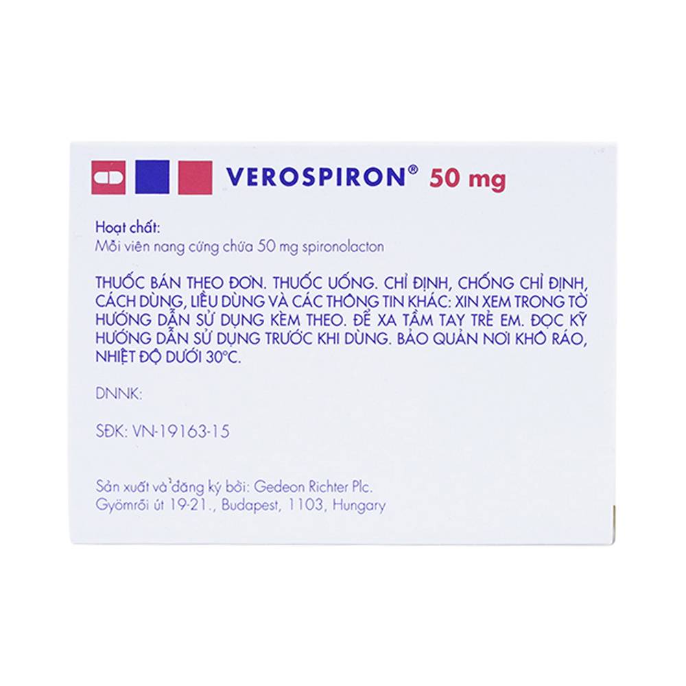 Thuốc Verospiron 50mg Gedeon điều trị tăng huyết áp, phù do tim gan thận, cường aldosterone và hạ kali (3 vỉ x 10 viên)